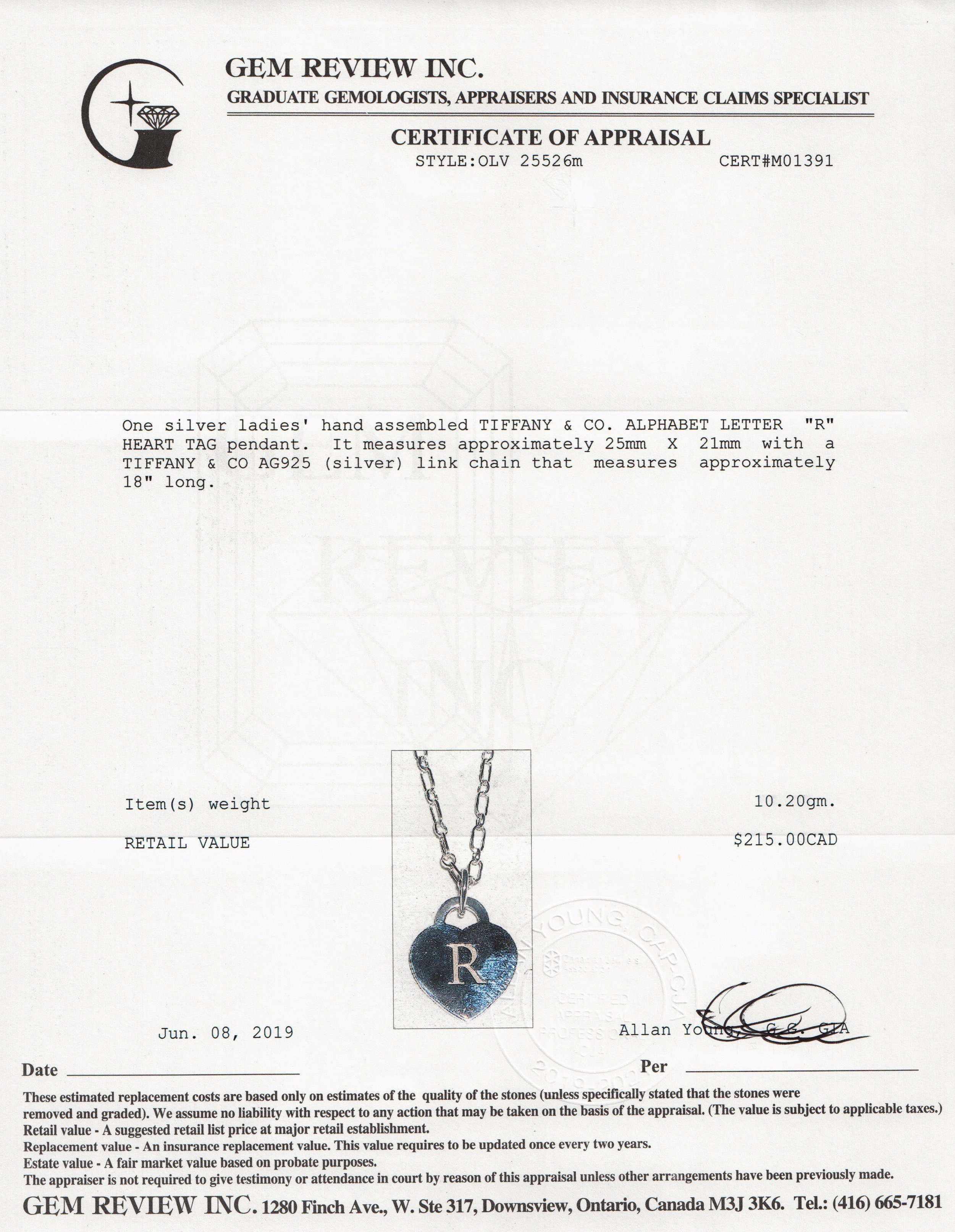 Tiffany & Co. Alphabet Letter 'R' Heart Tag Pendant Necklace