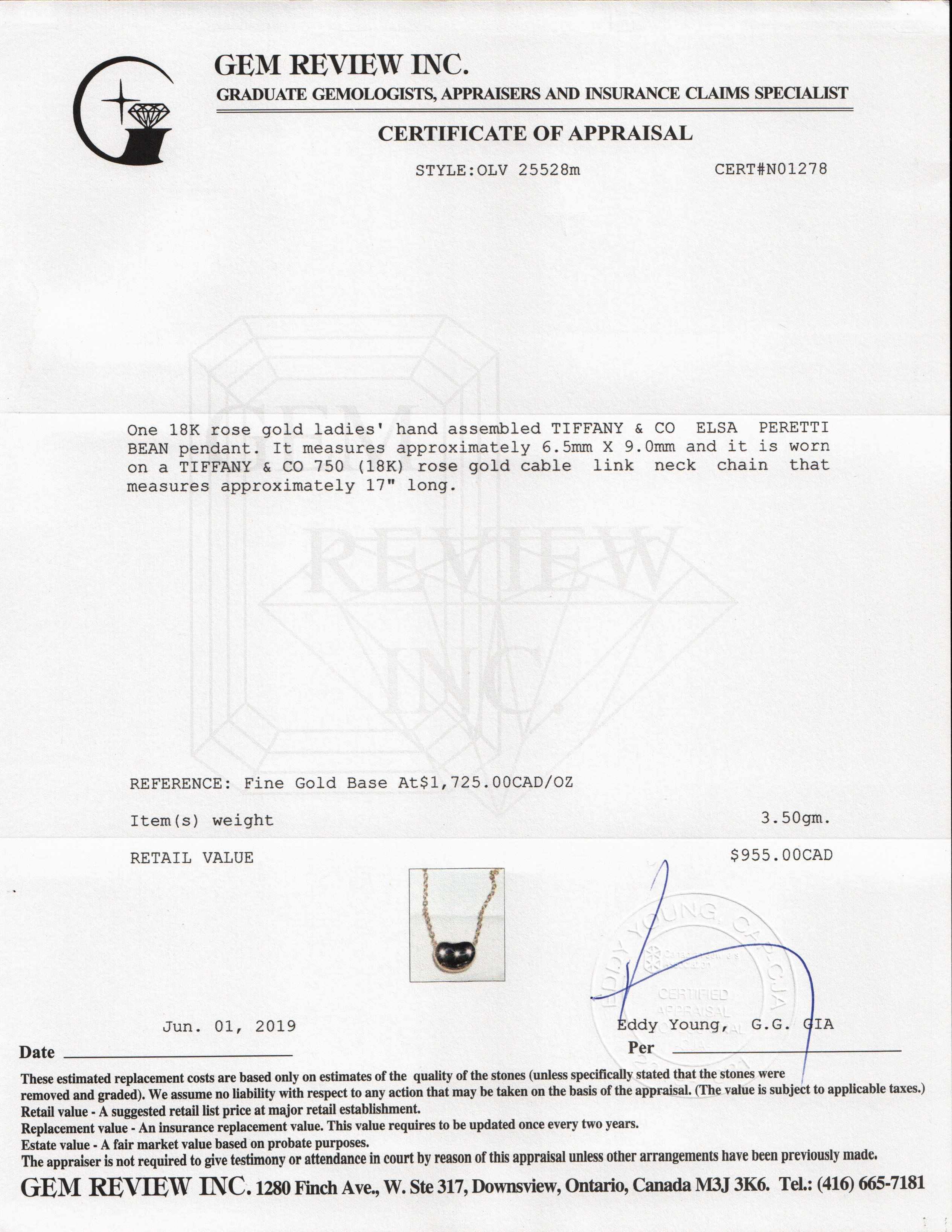 Tiffany & Co. Elsa Peretti Rose Gold Bean Pendant Necklace