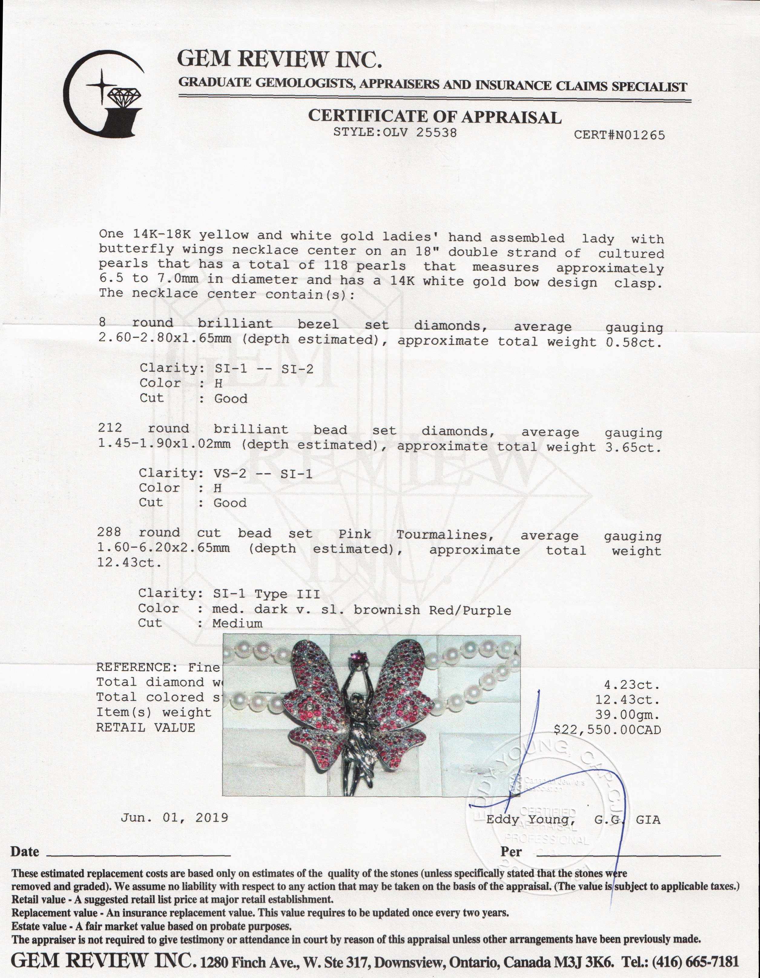 Pearl Necklace with Pink Tourmalines and Diamond Pendant