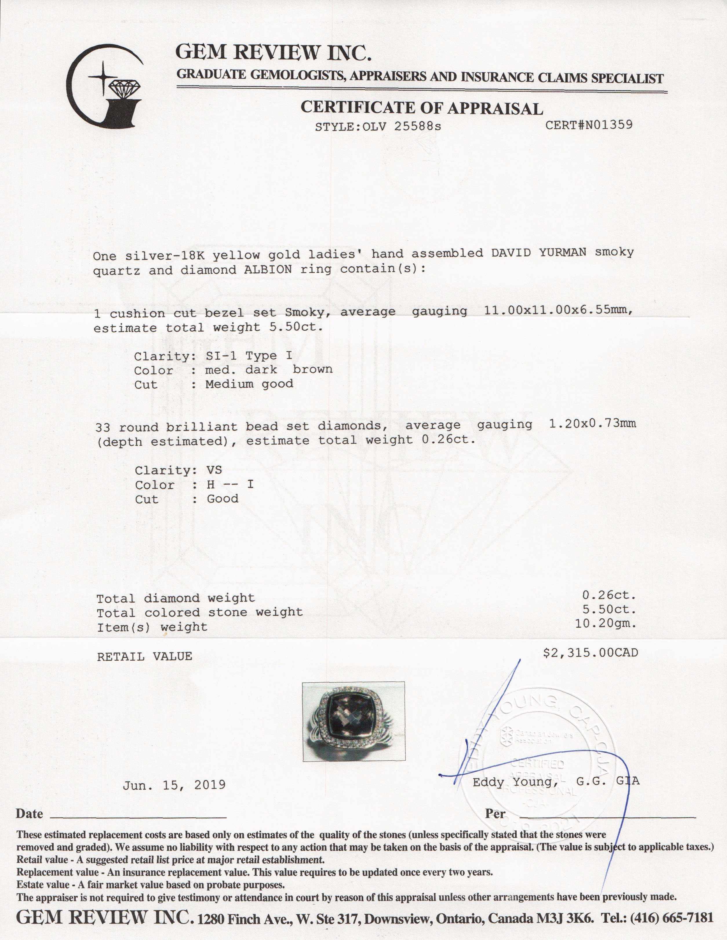 David Yurman Albion Ring with Smoky Quartz and Diamonds