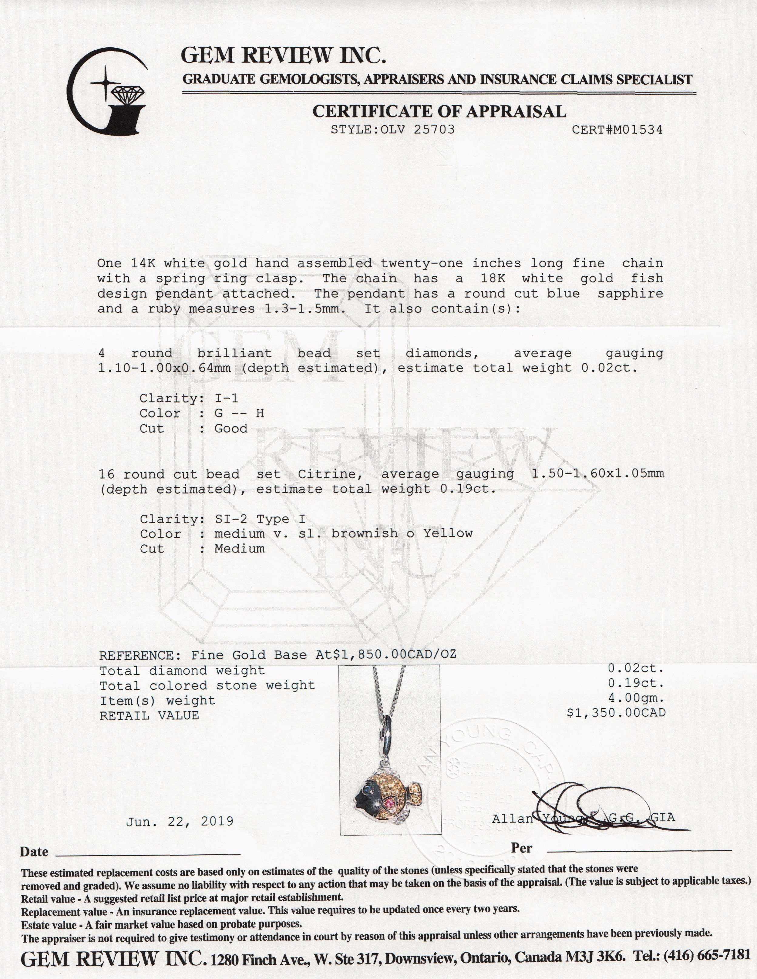 Citrine & Diamond Fish Pendant Necklace