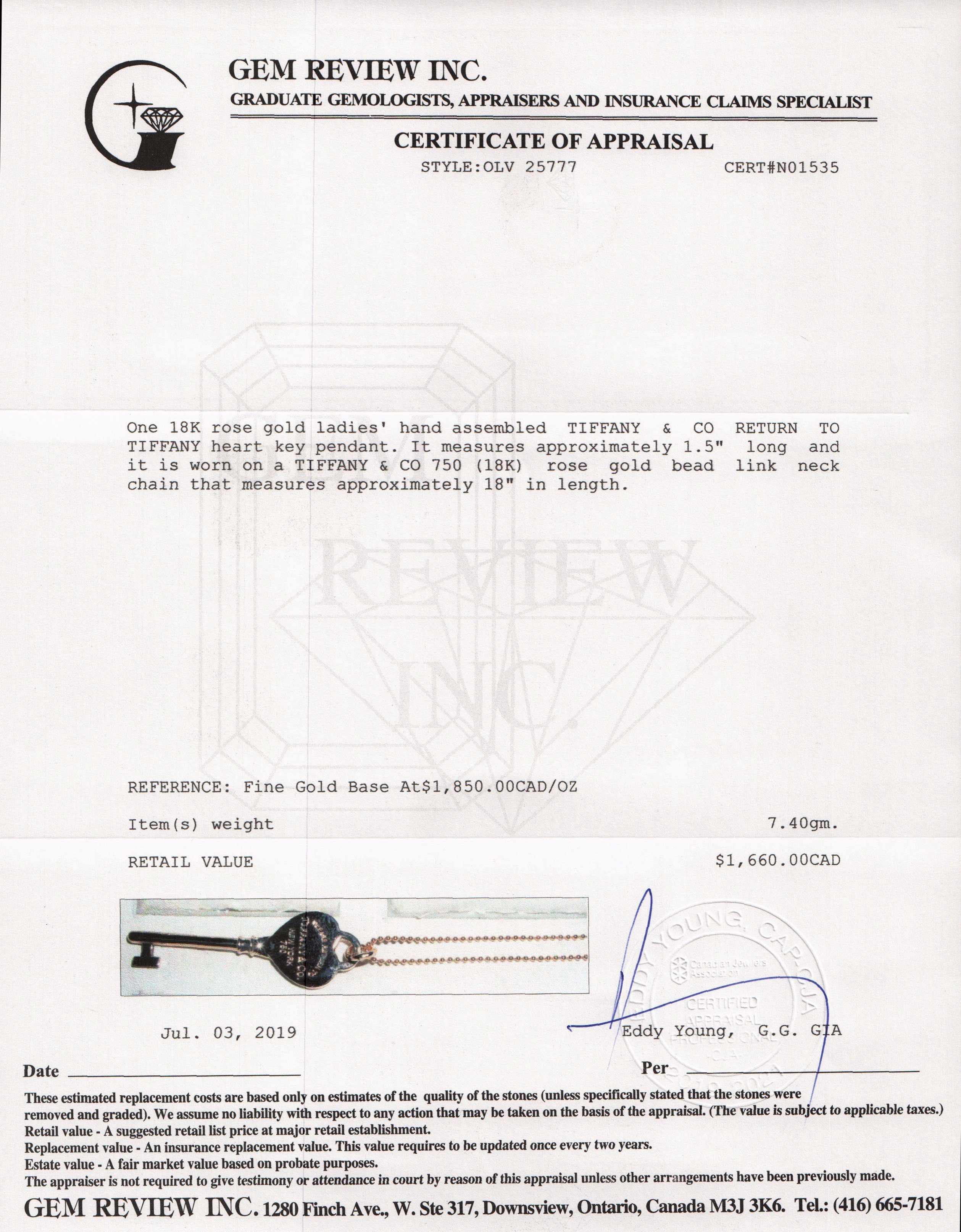 Tiffany & Co. Rose Gold Return to Tiffany Heart Key Pendant Necklace