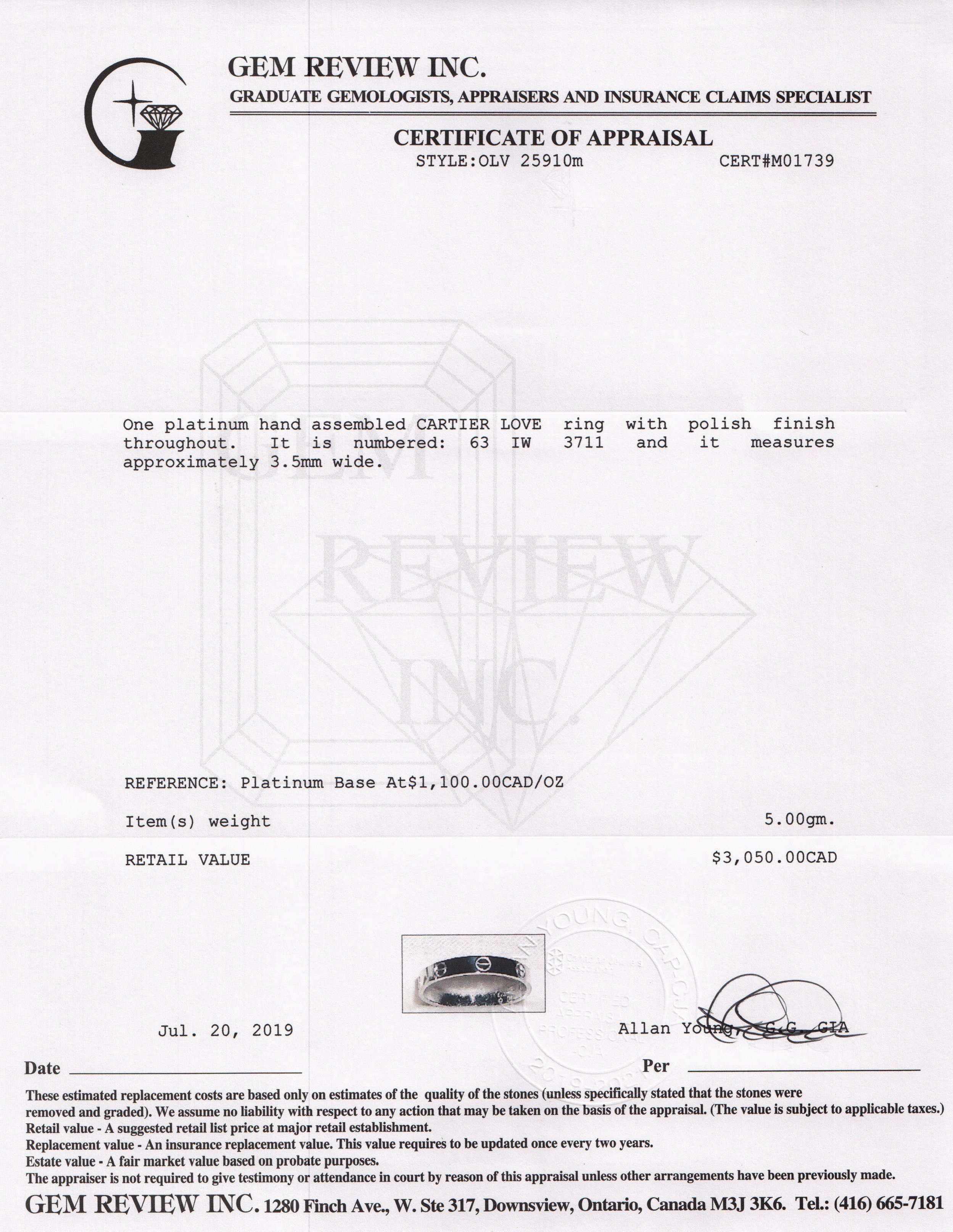 Cartier Platinum Love Wedding Band Ring