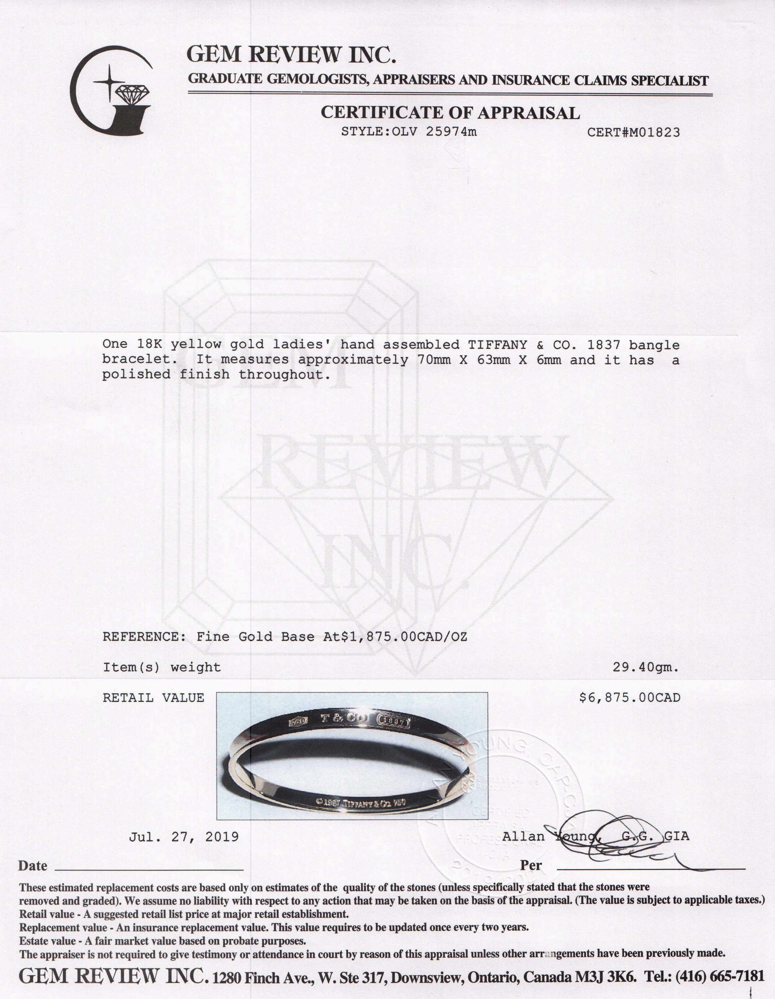 Tiffany & Co. 18k Gold 1837 Bangle