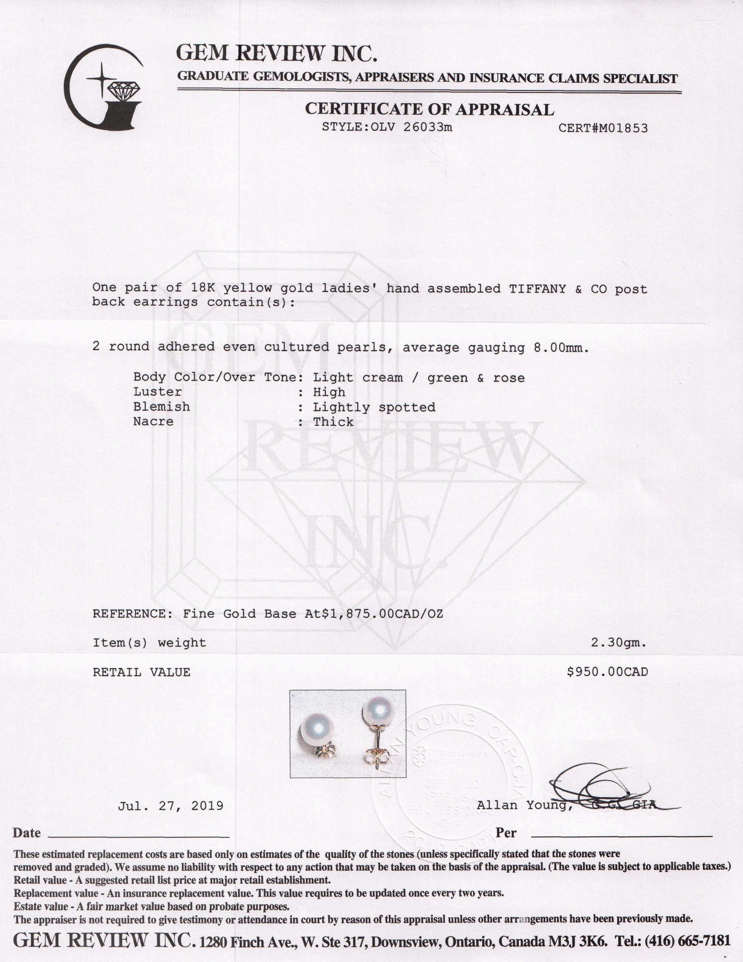 Tiffany & Co. 18k Gold Pearl Stud Earrings