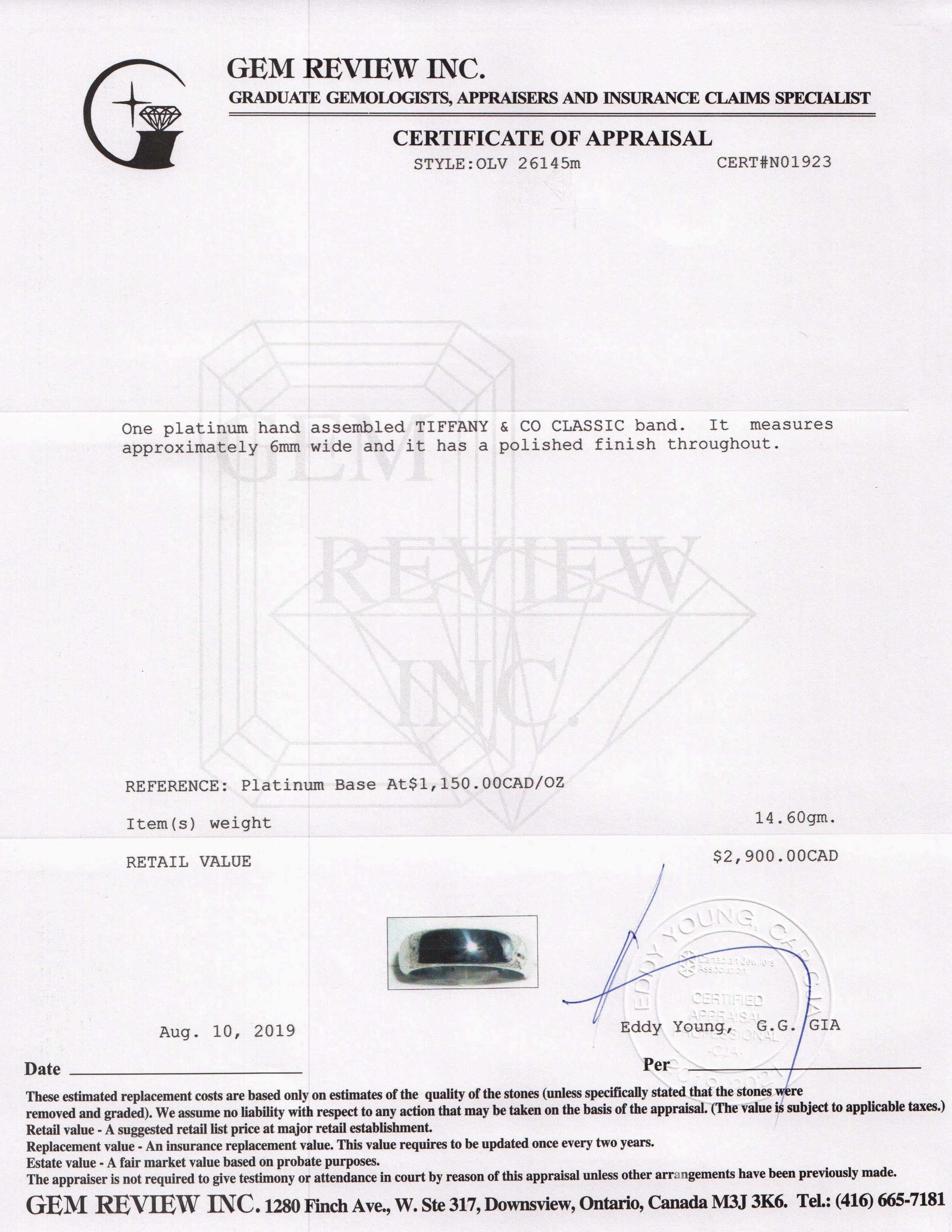 Tiffany & Co. Classic Platinum Wedding Band Ring