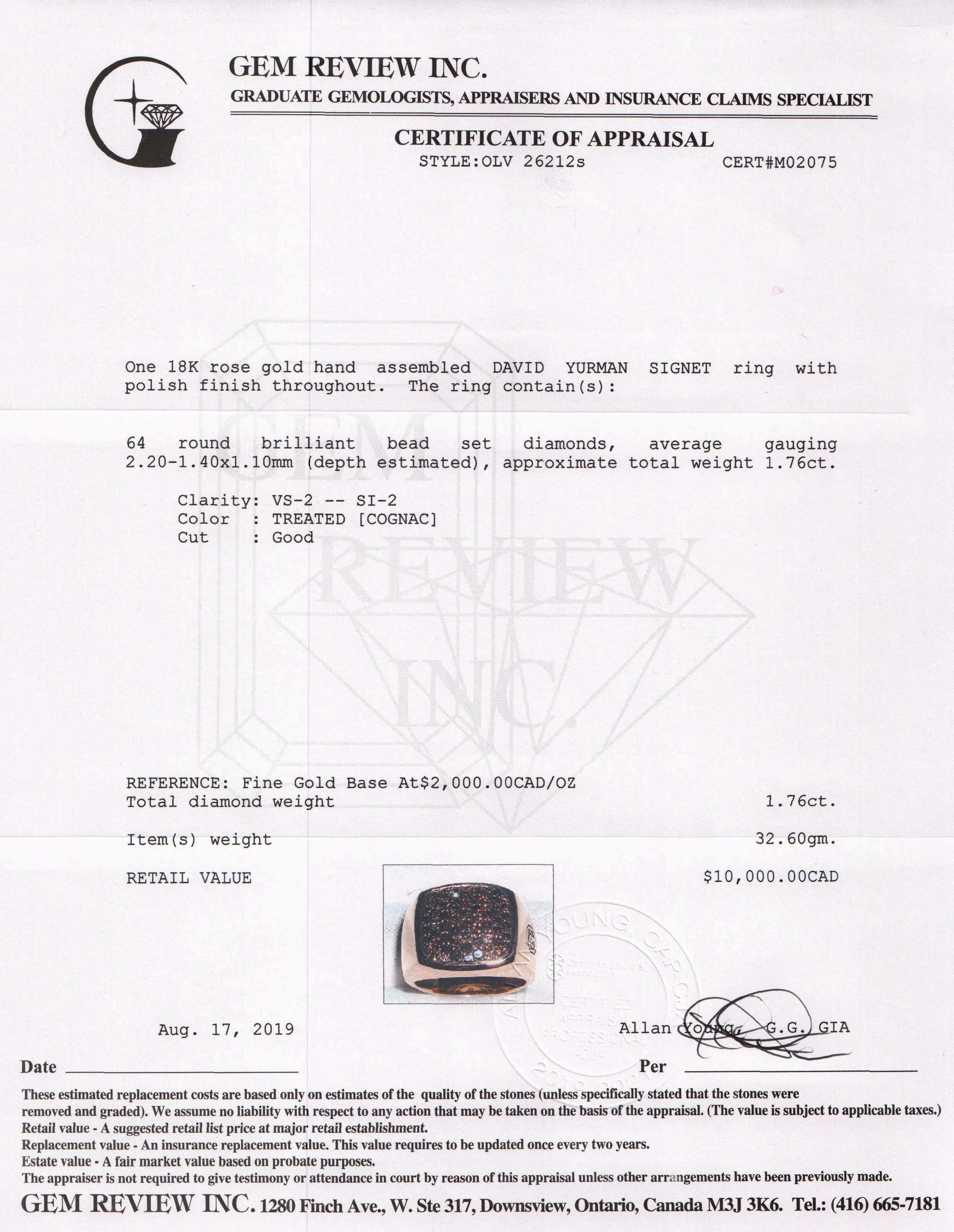 David Yurman 18k Rose Gold Pave Cognac Diamond Signet Ring