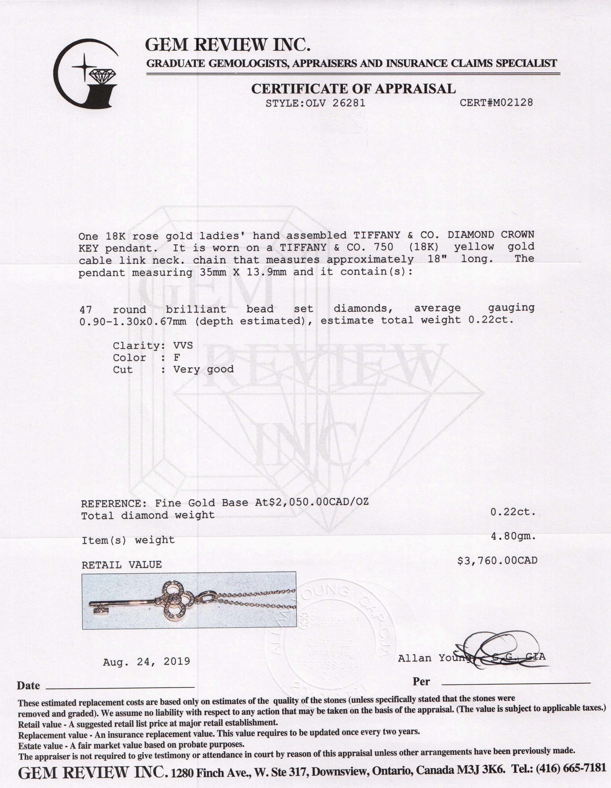 Tiffany & Co. 18k Rose Gold & Diamond Crown Key Pendant Necklace