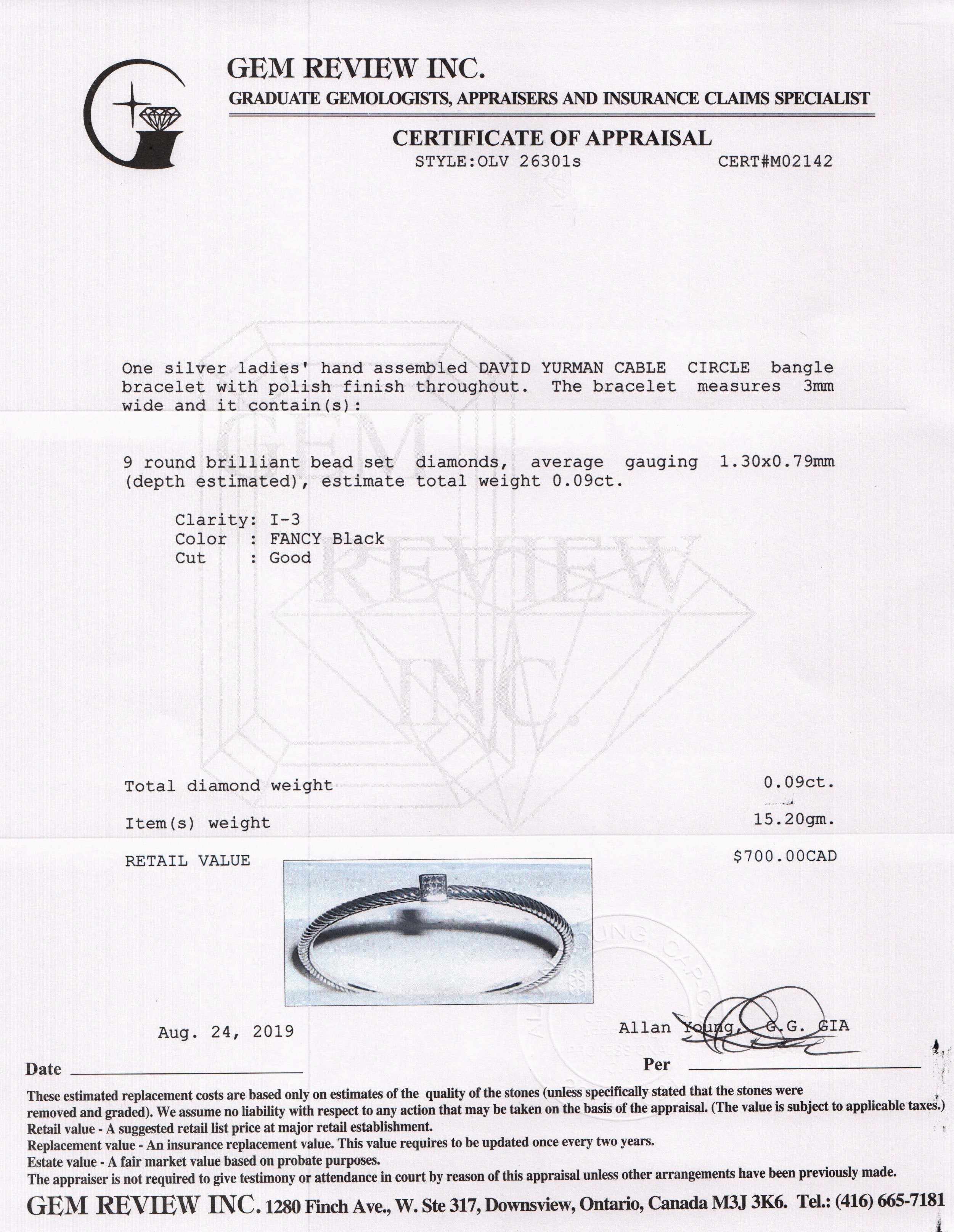 David Yurman Cable Bangle Bracelet with Black Diamonds