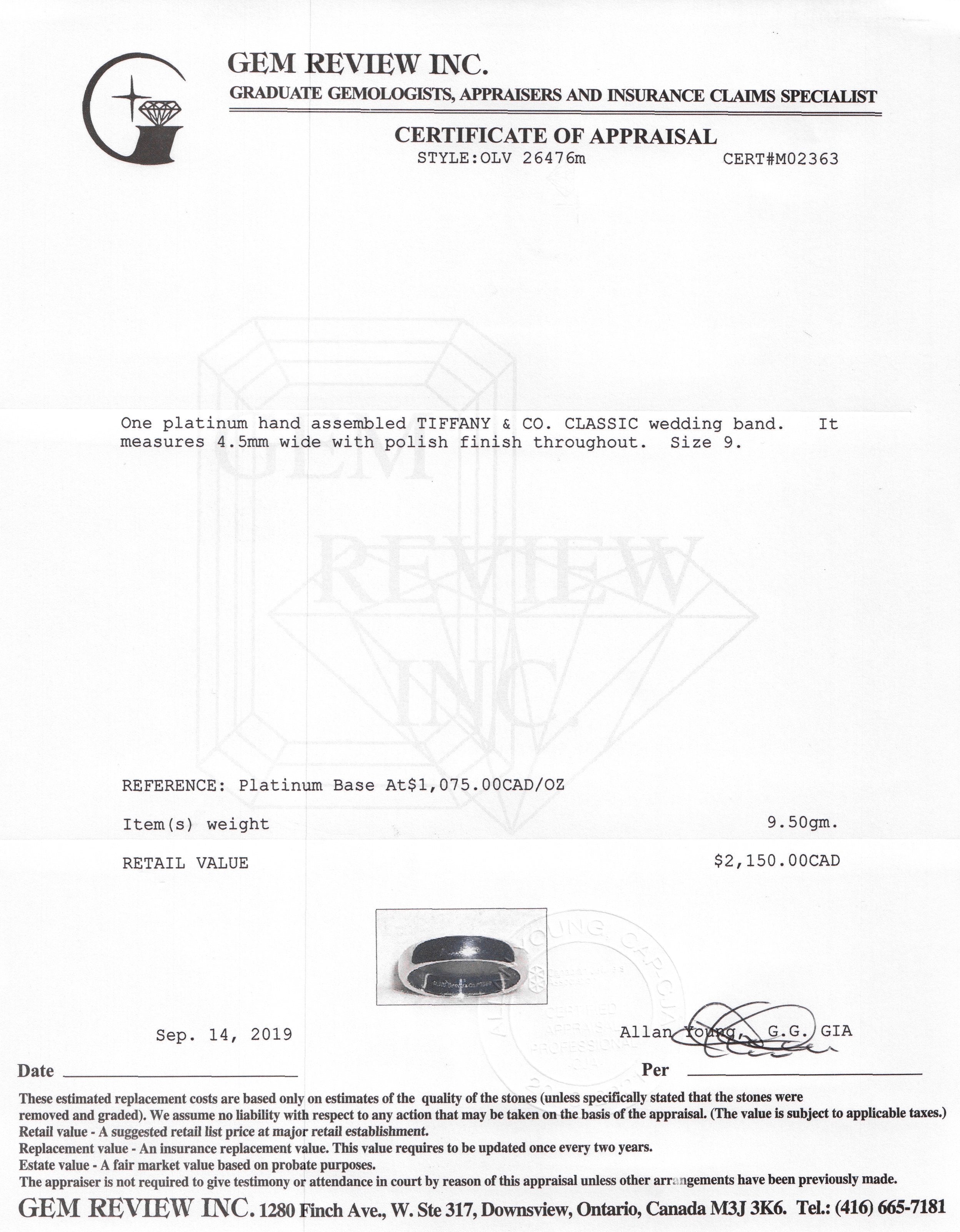 Tiffany & Co. Platinum Classic Wedding Band Ring