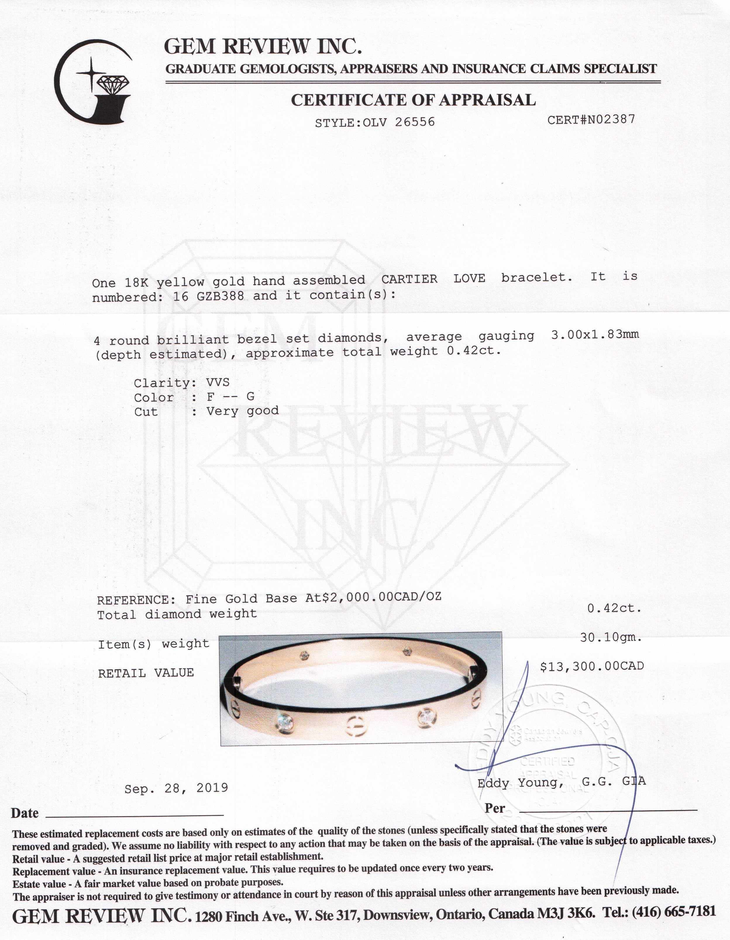 Cartier 18k Yellow Gold Love Bracelet with 4 Diamonds