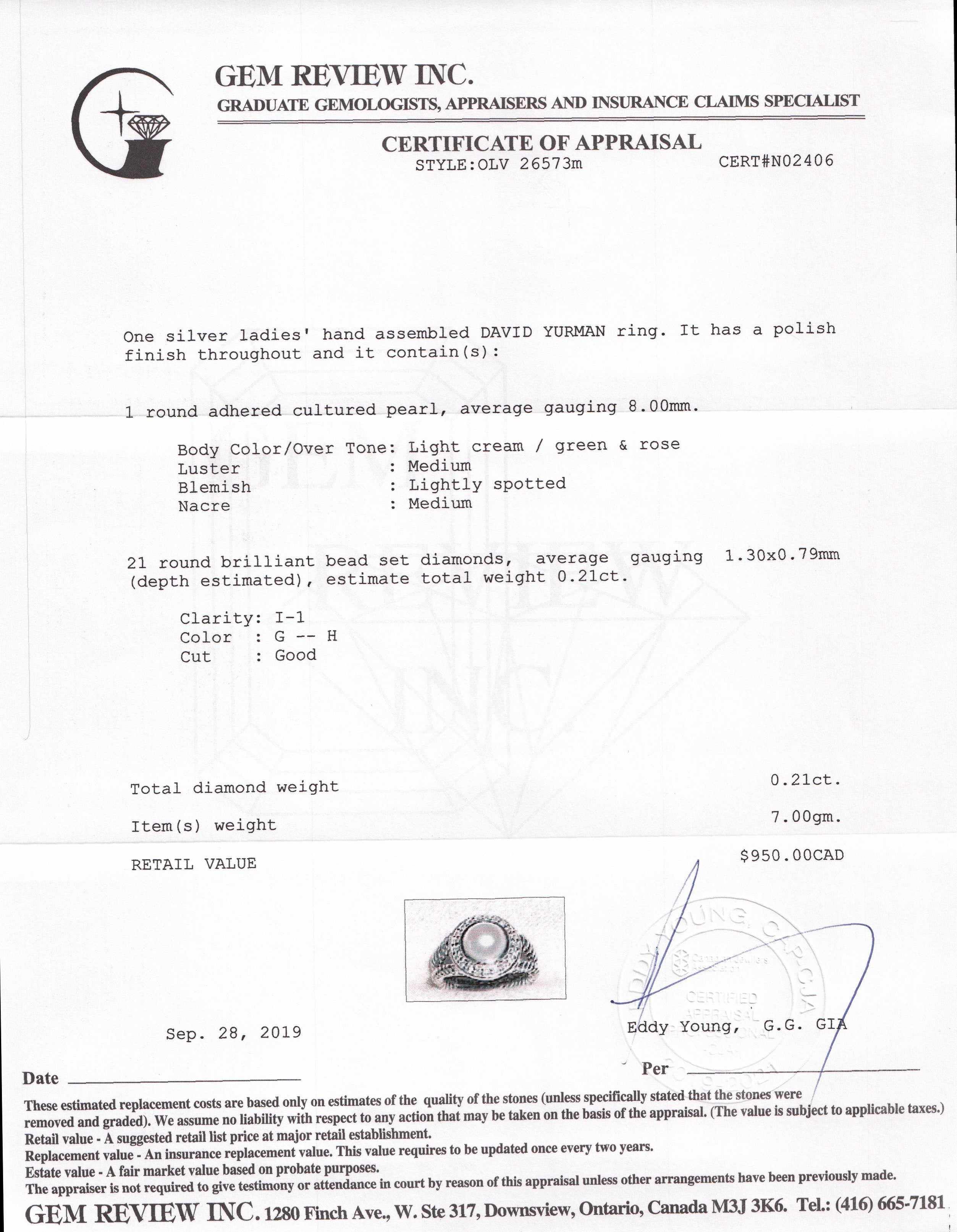 David Yurman Pearl Ring with Diamonds