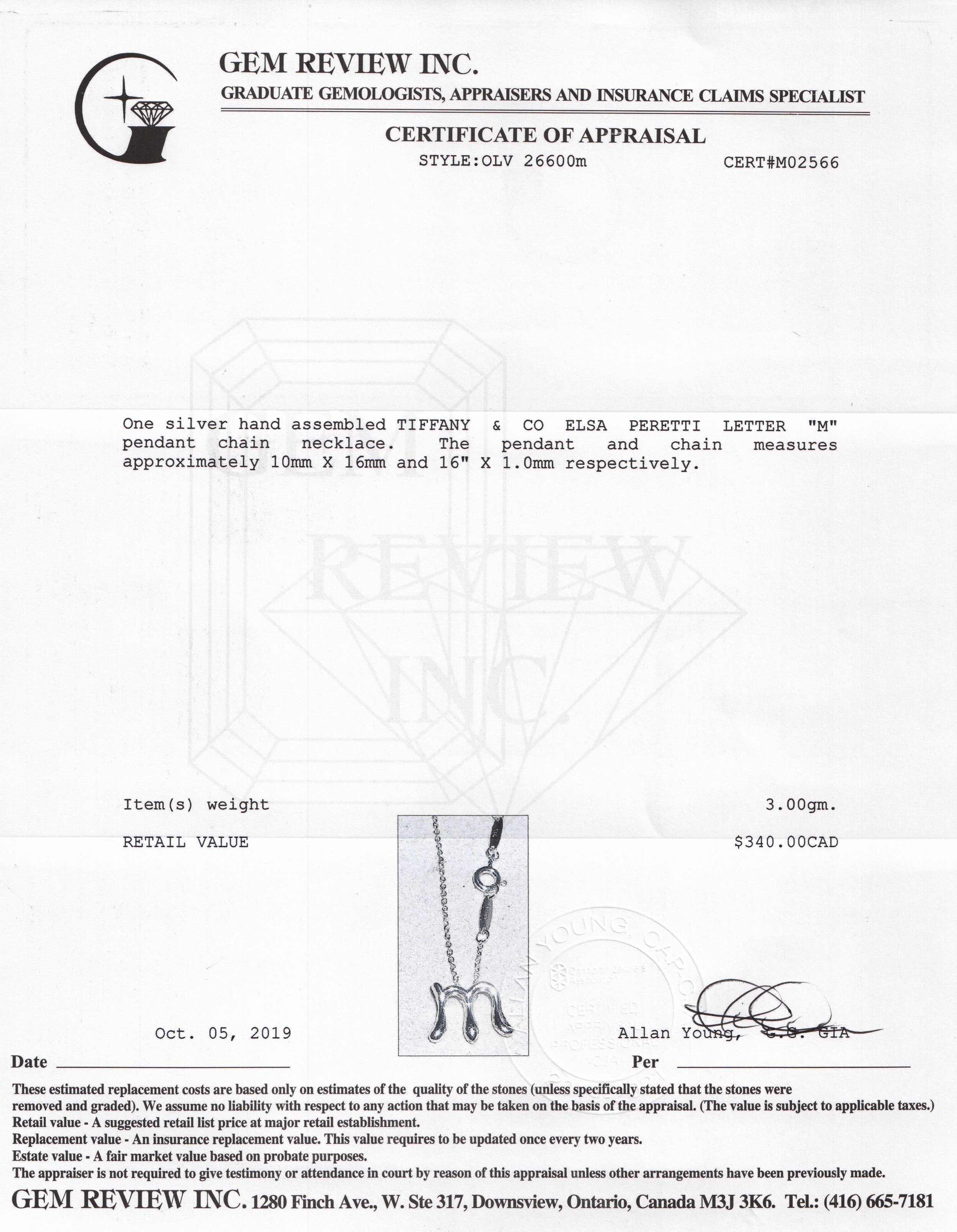 Tiffany & Co. Elsa Peretti Letter 'M' Pendant Necklace