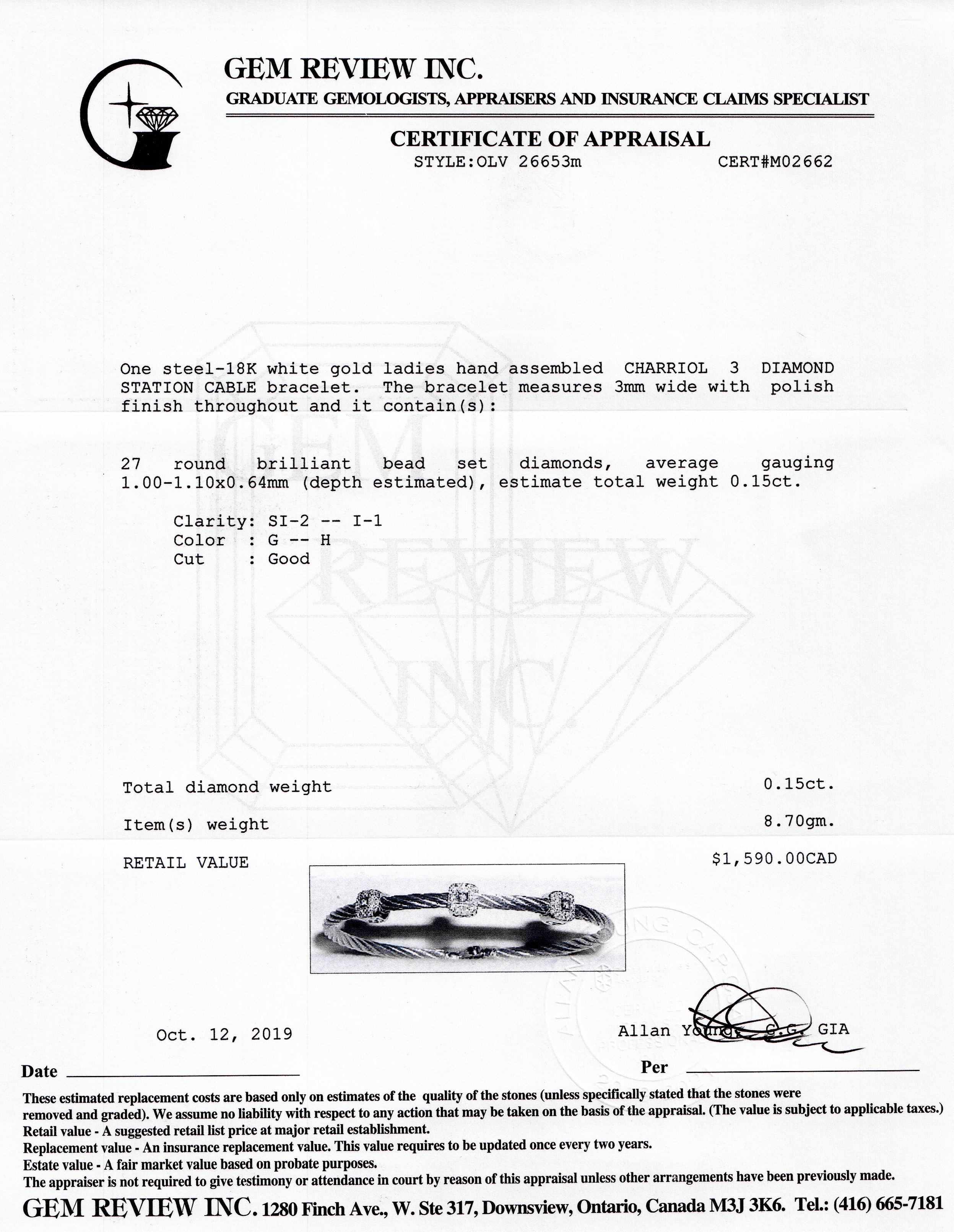 Charriol Three Station Diamond Cable Bracelet