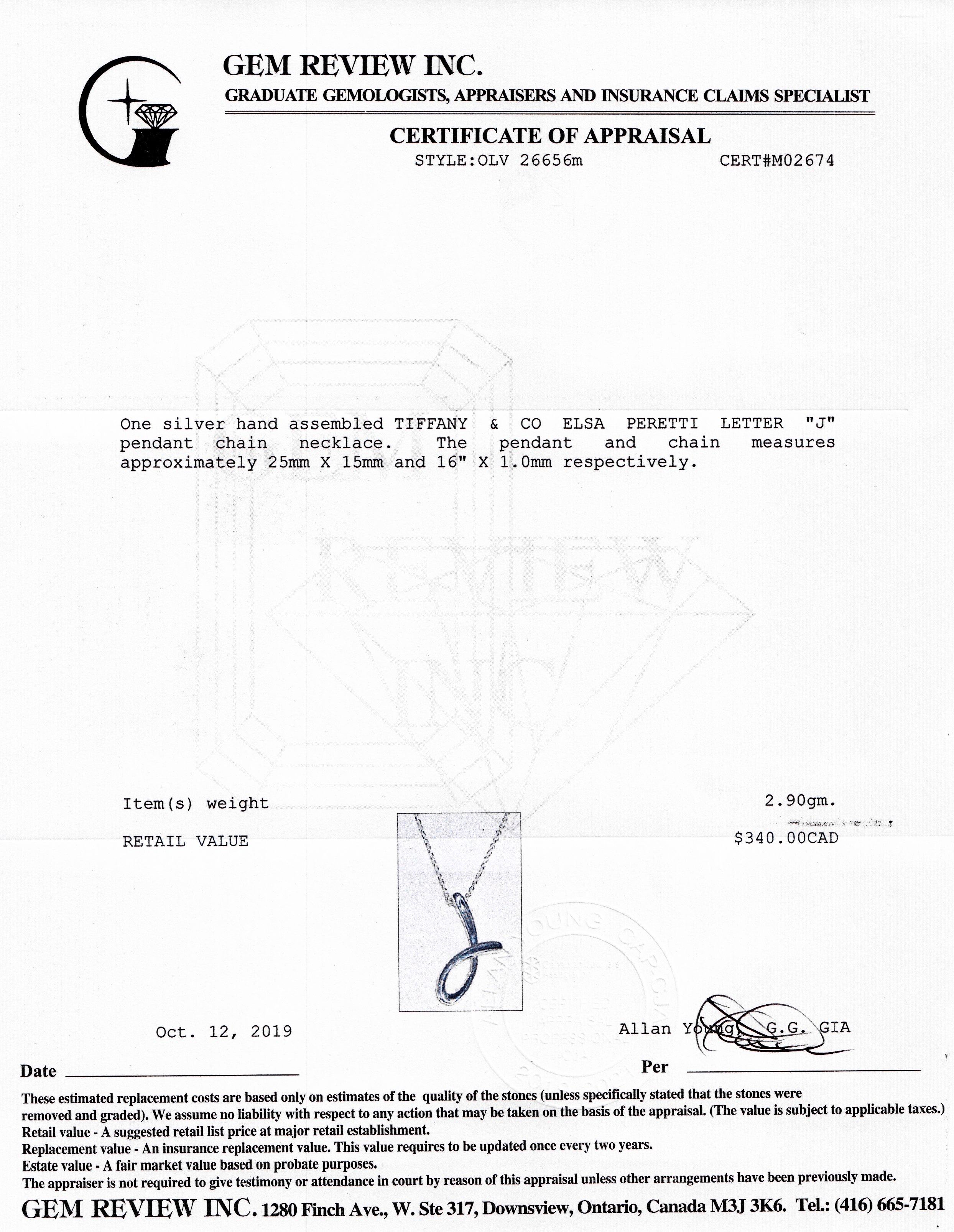 Tiffany & Co. Elsa Peretti Letter 'J' Pendant Necklace
