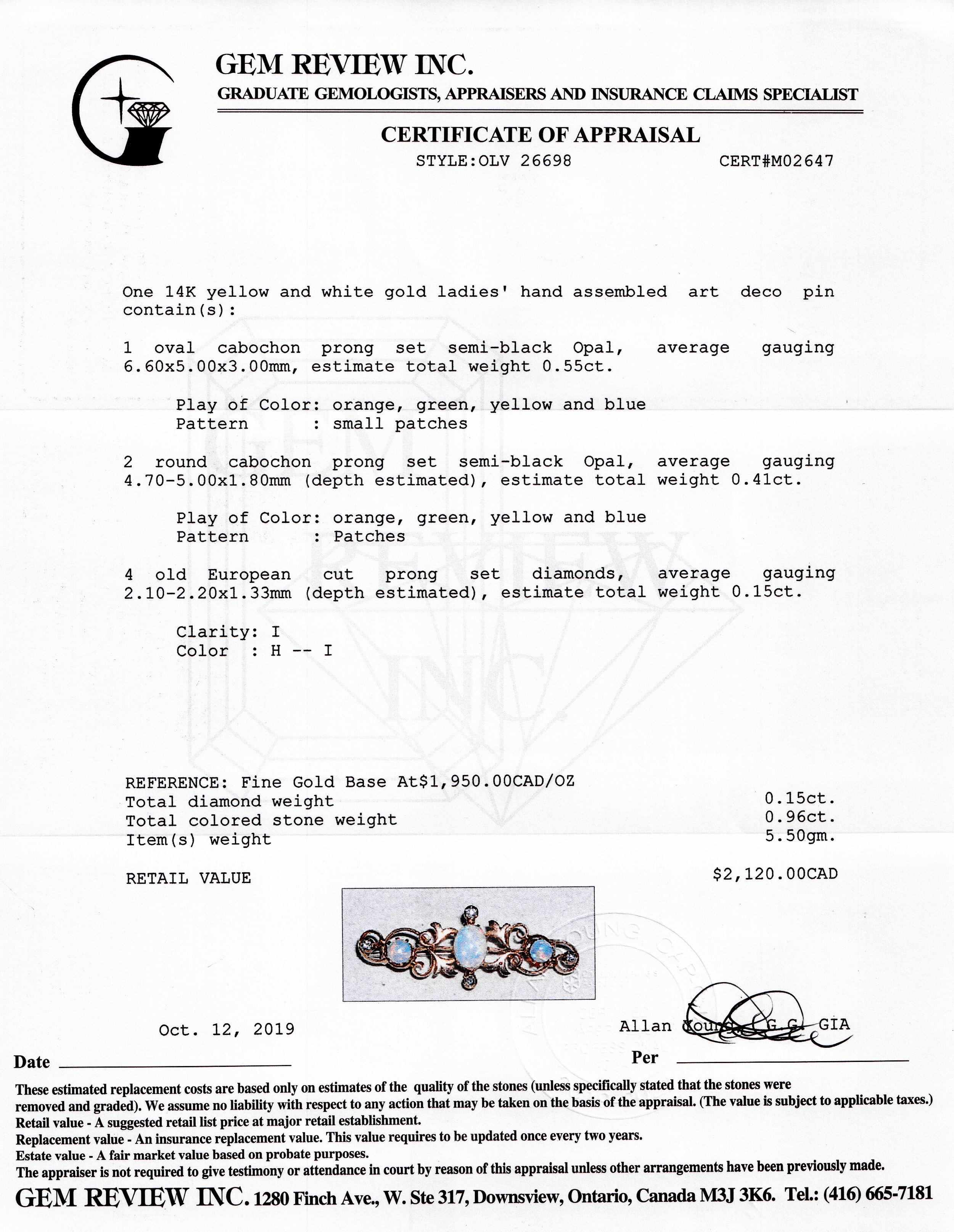 Antique Art Deco Opal & Diamond Bar Brooch