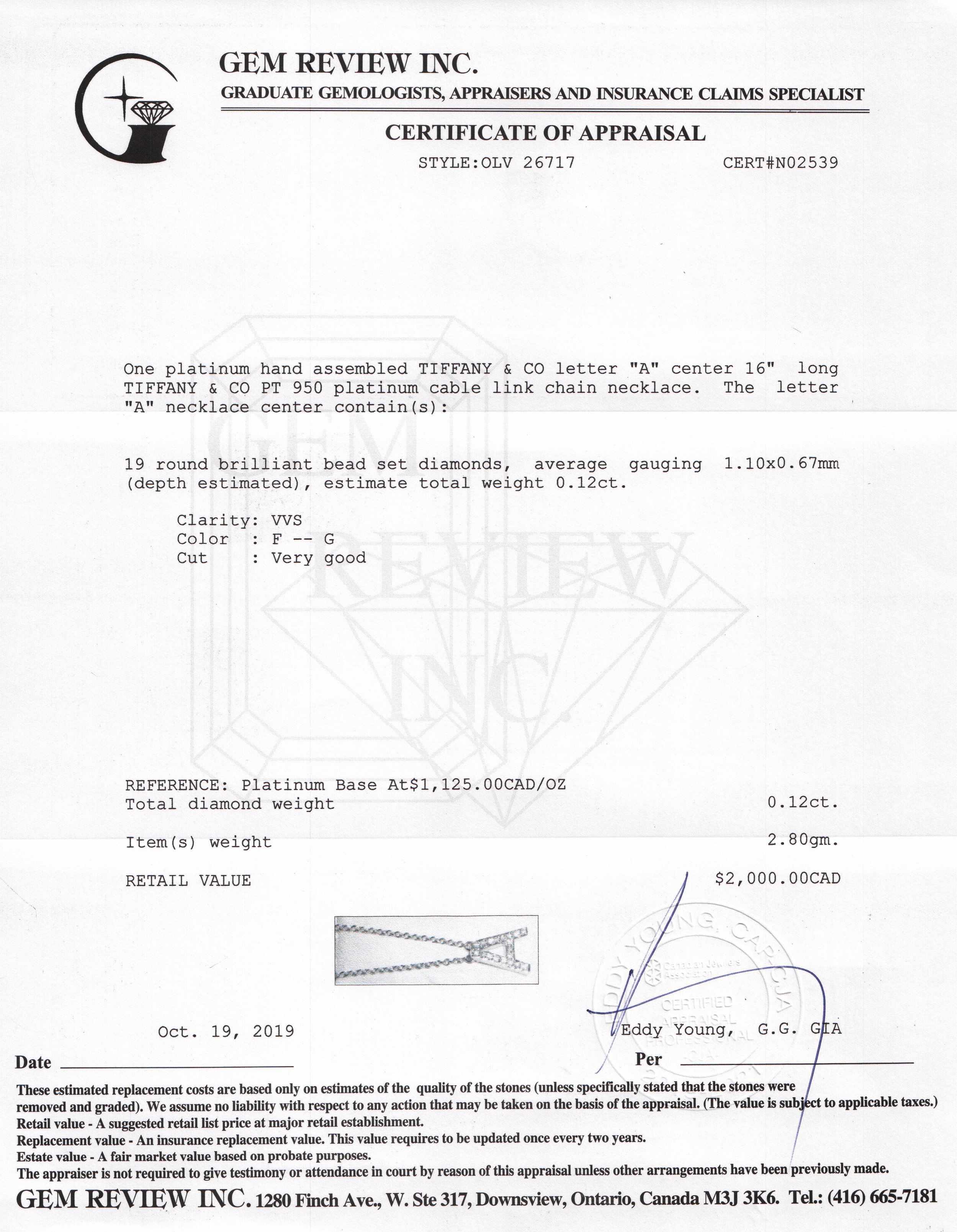 Tiffany & Co. Platinum & Diamond Letter 'A' Pendant Necklace