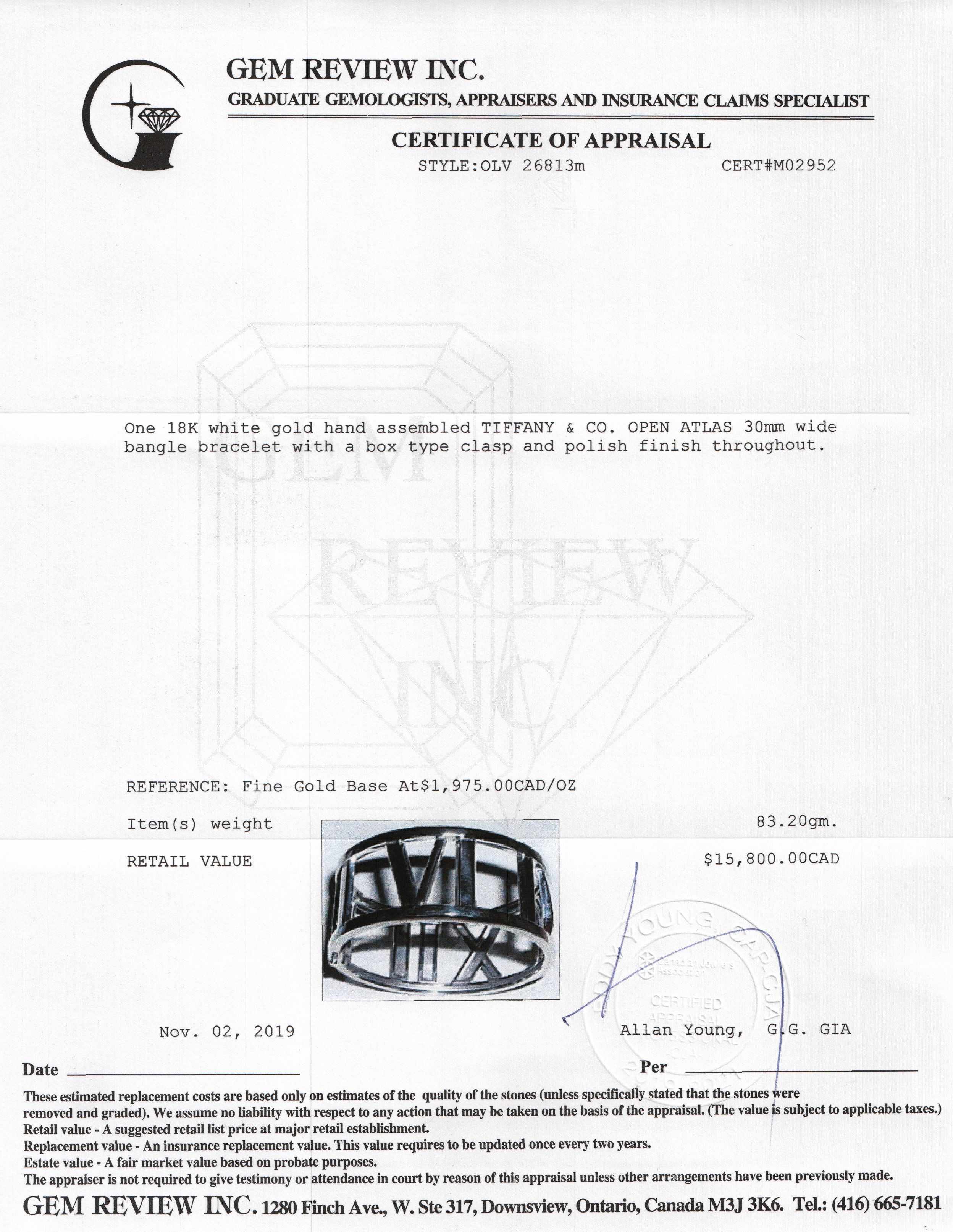 Tiffany & Co. 18k White Gold Open Atlas Wide Bangle Bracelet