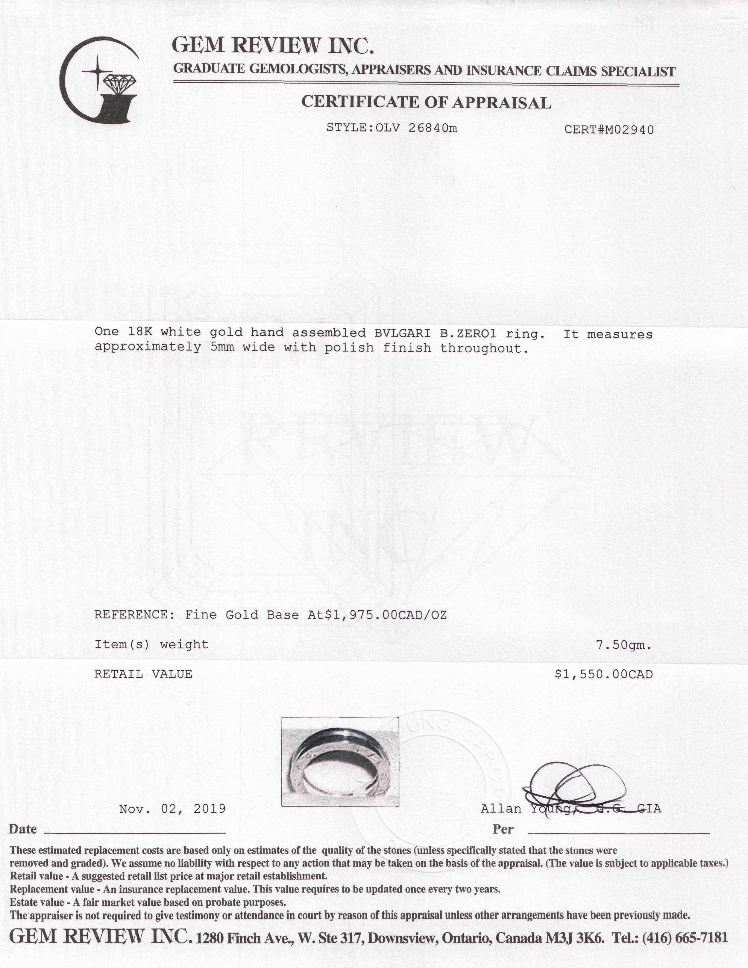 BVLGARI 18k White Gold B.Zero1 One-Band Ring