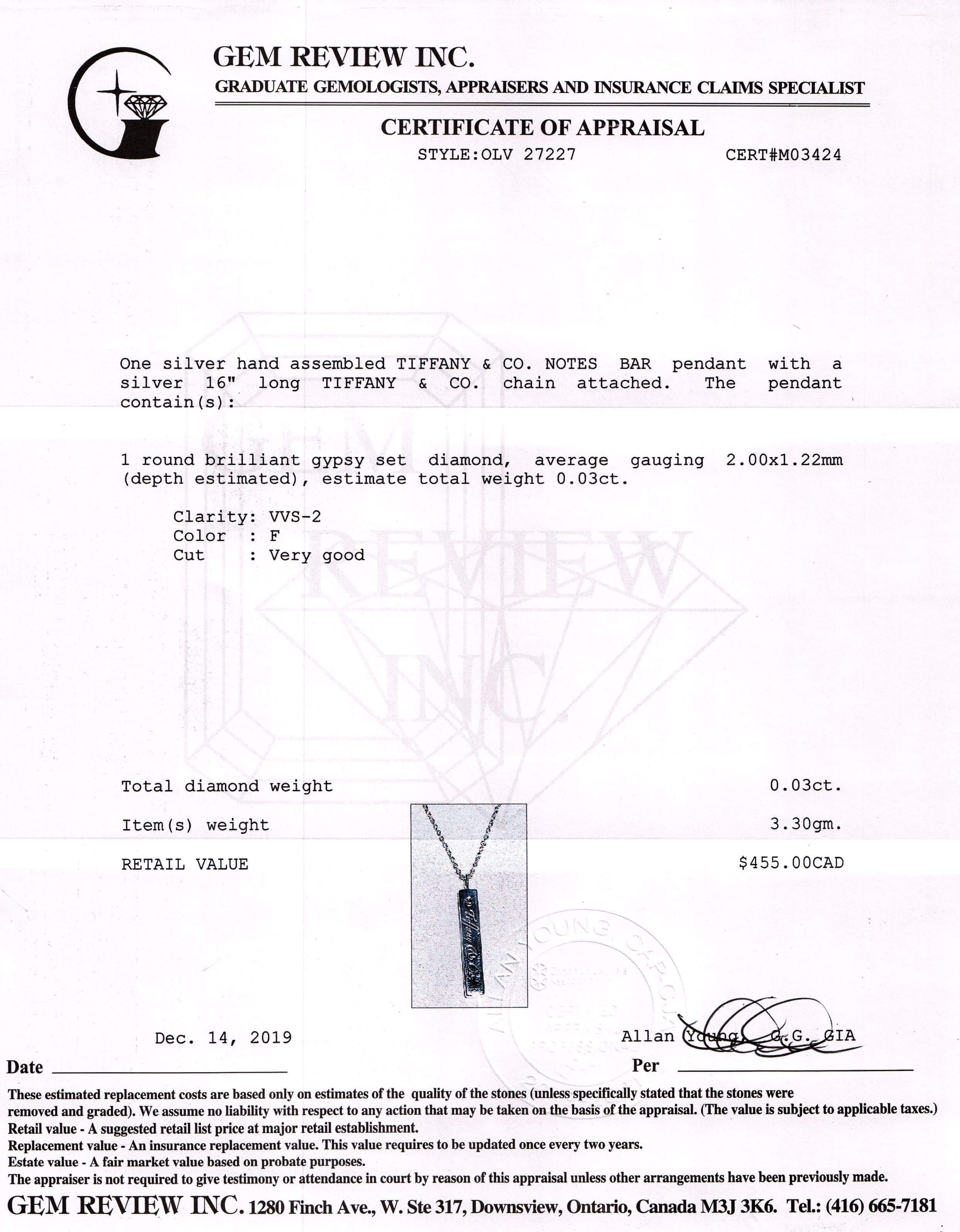 Tiffany & Co. Diamond Notes Bar Pendant Necklace