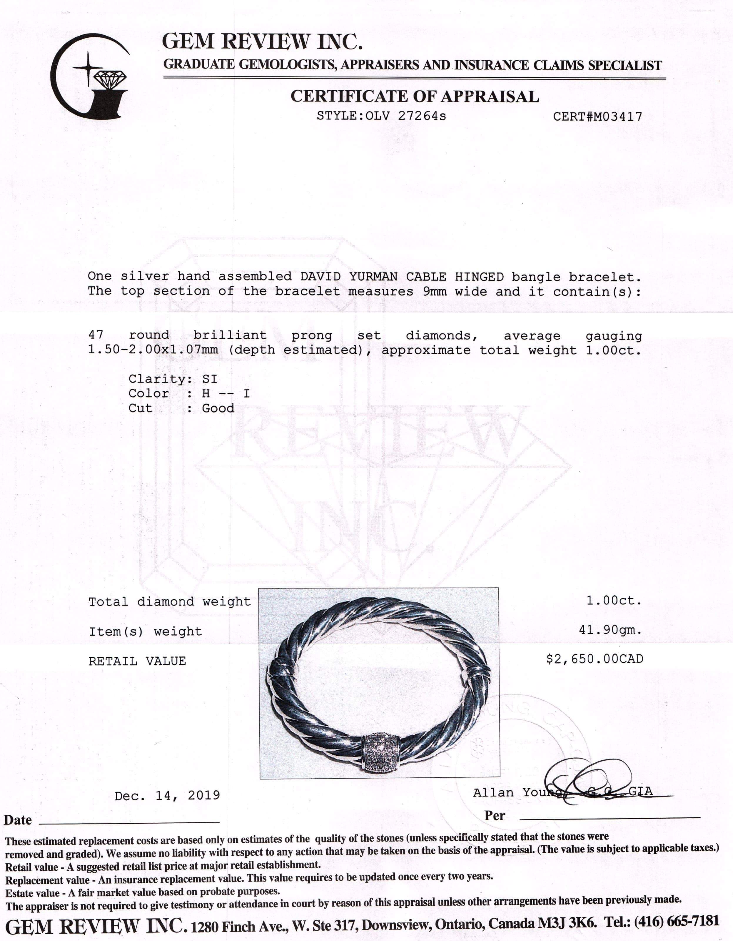 David Yurman Diamond Cable Hinged Bracelet