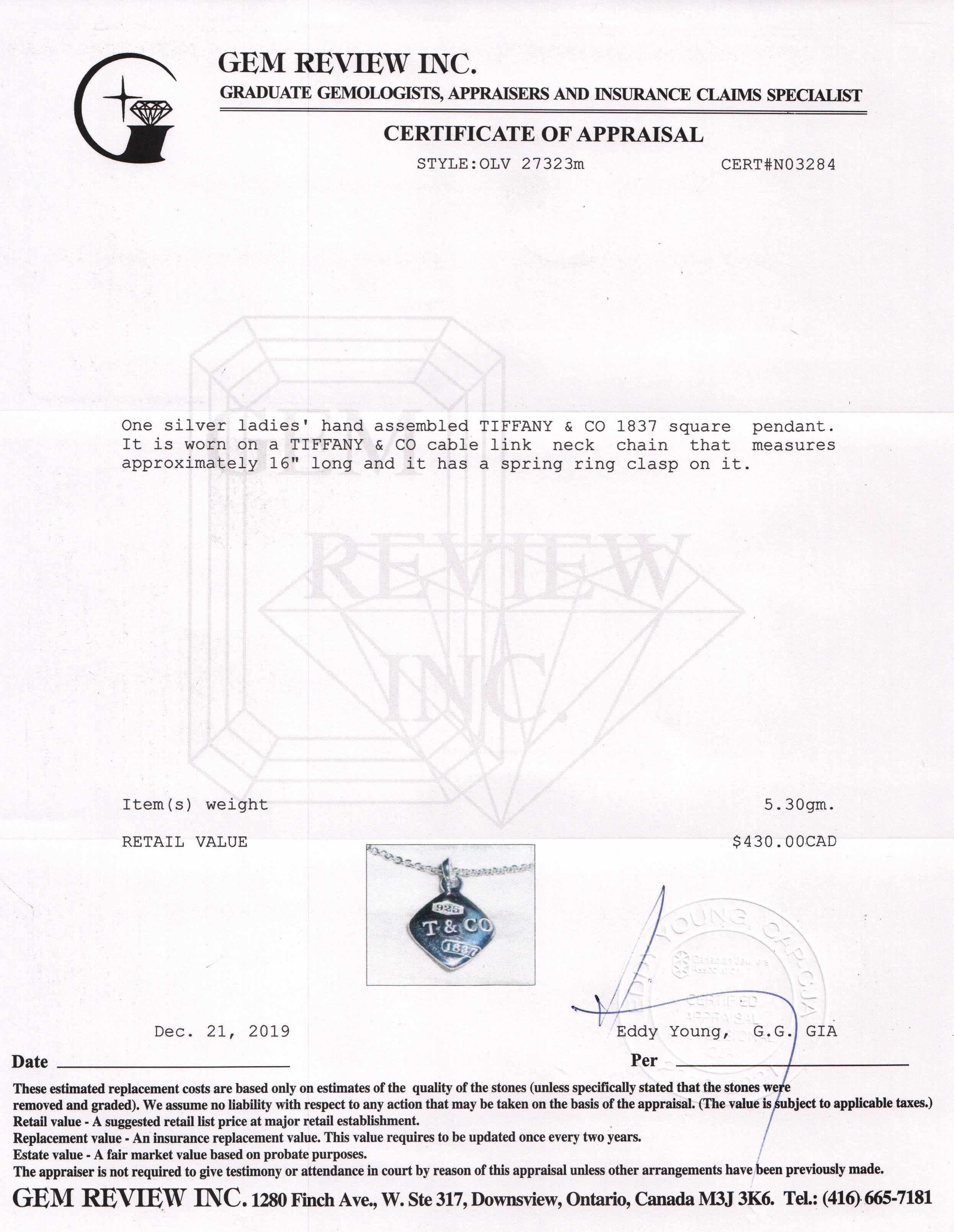 Tiffany & Co. 1837 Square Pendant Necklace