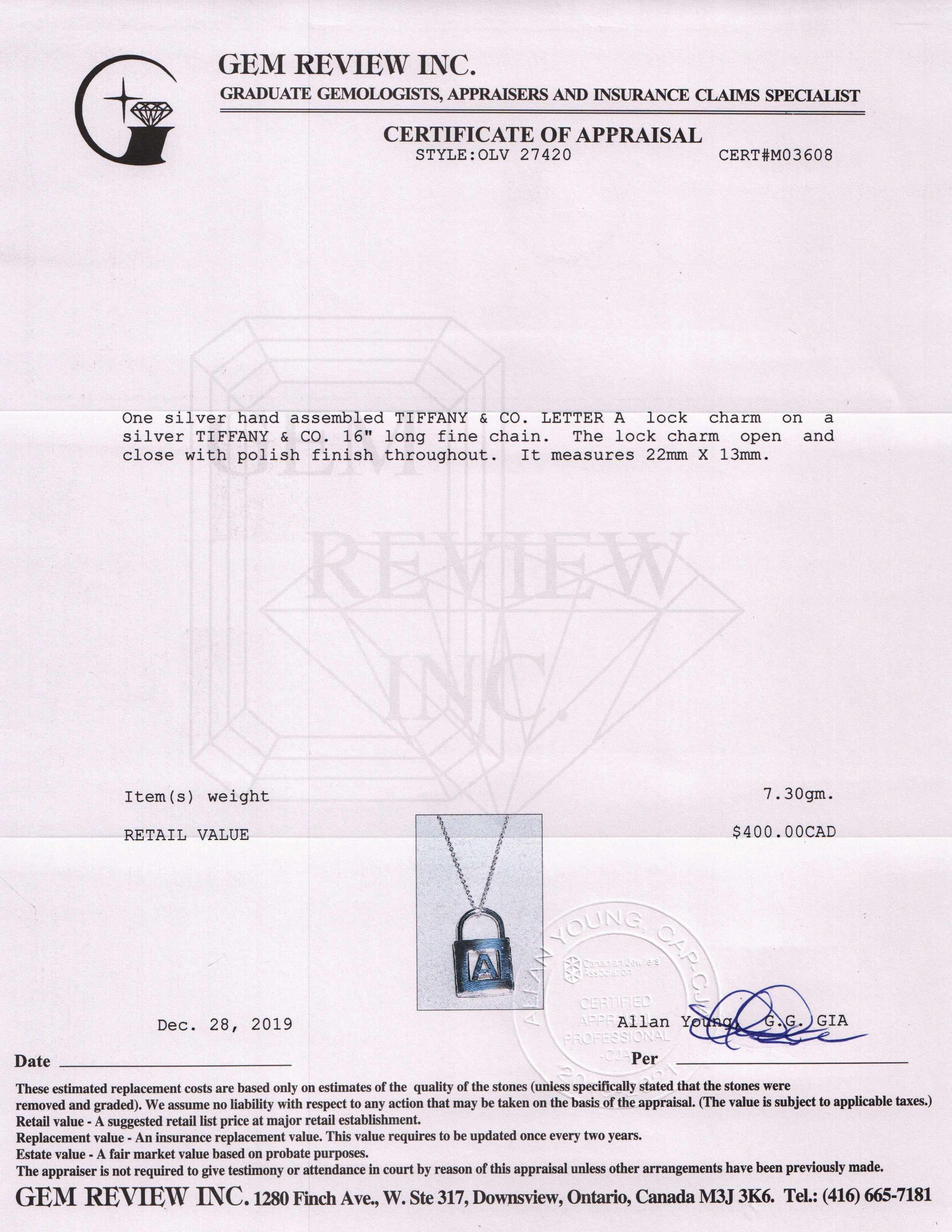 Tiffany & Co. Letter 'A' Lock Charm Pendant Necklace