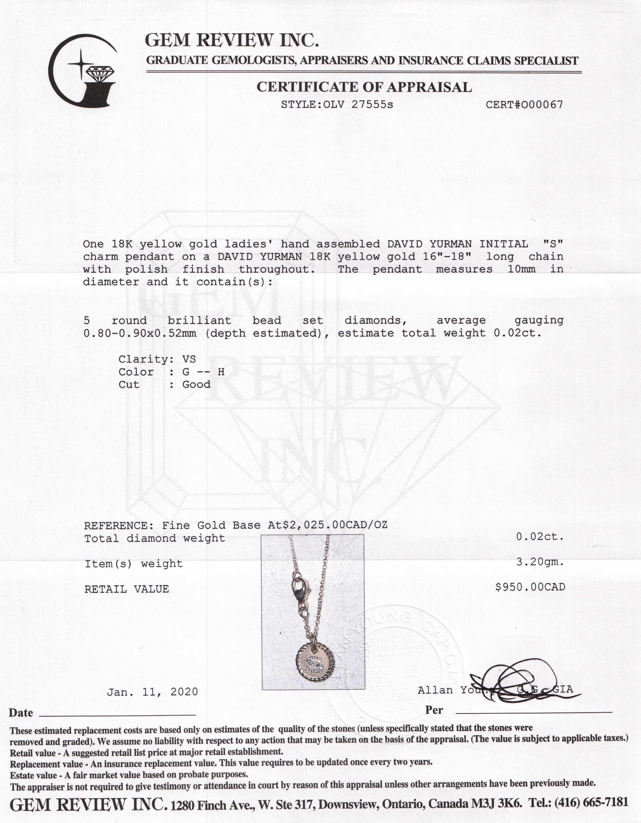 David Yurman 18k Gold & Diamond Initial 'S' Charm Necklace