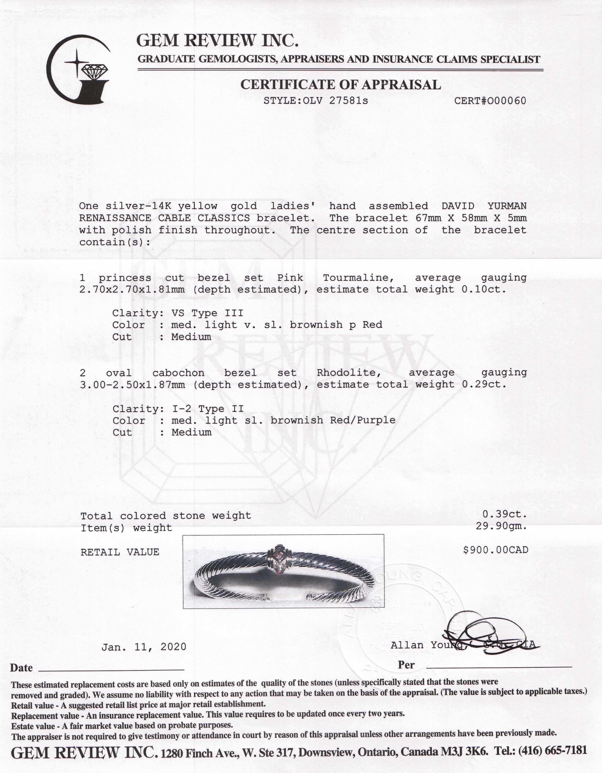 David Yurman Two-Tone Renaissance Cable Bracelet with Pink Tourmaline & Rhodolite Garnet