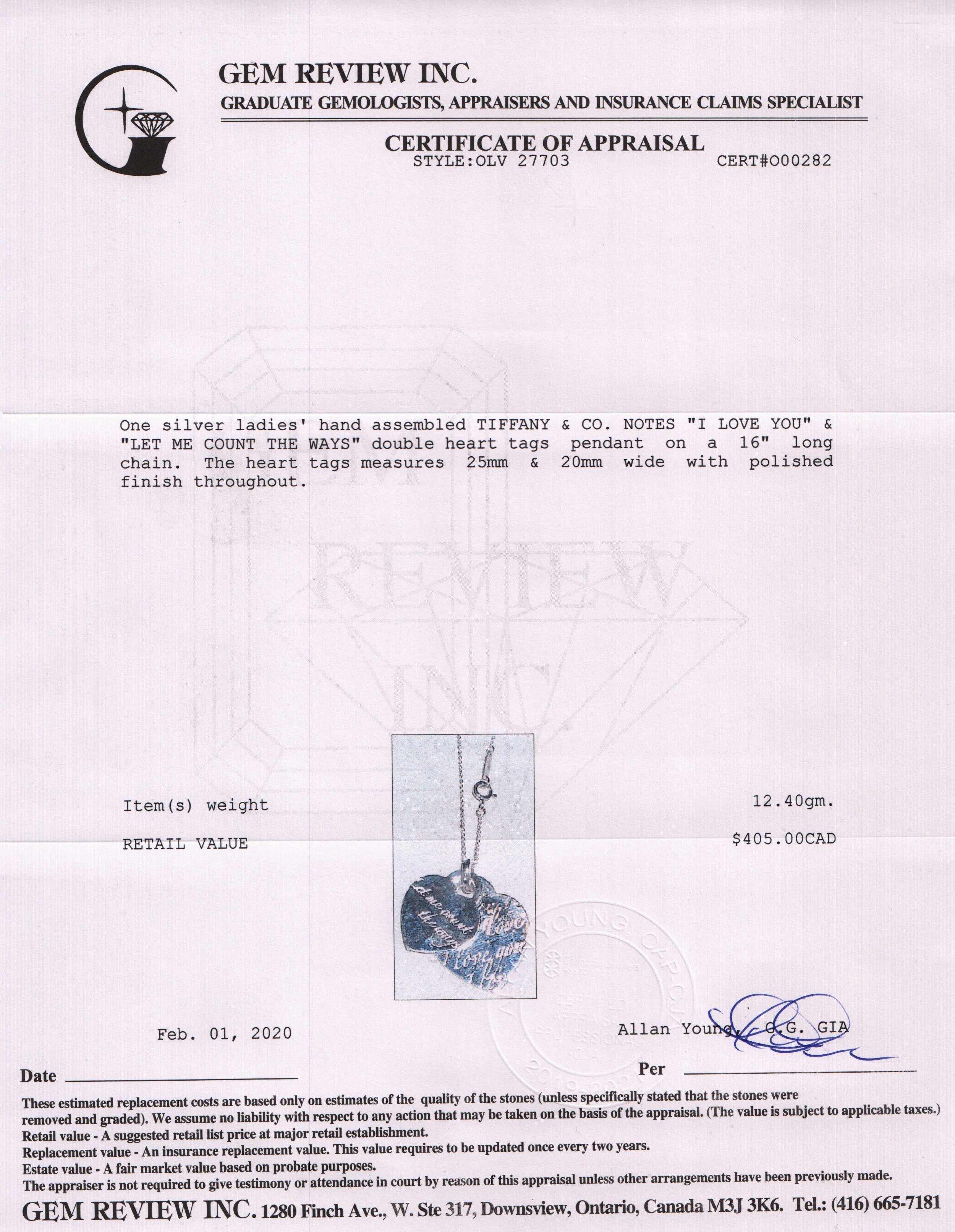 Tiffany & Co. Notes 'I Love You' & 'Let me Count the Ways' Double Heart Tag Pendant Necklace