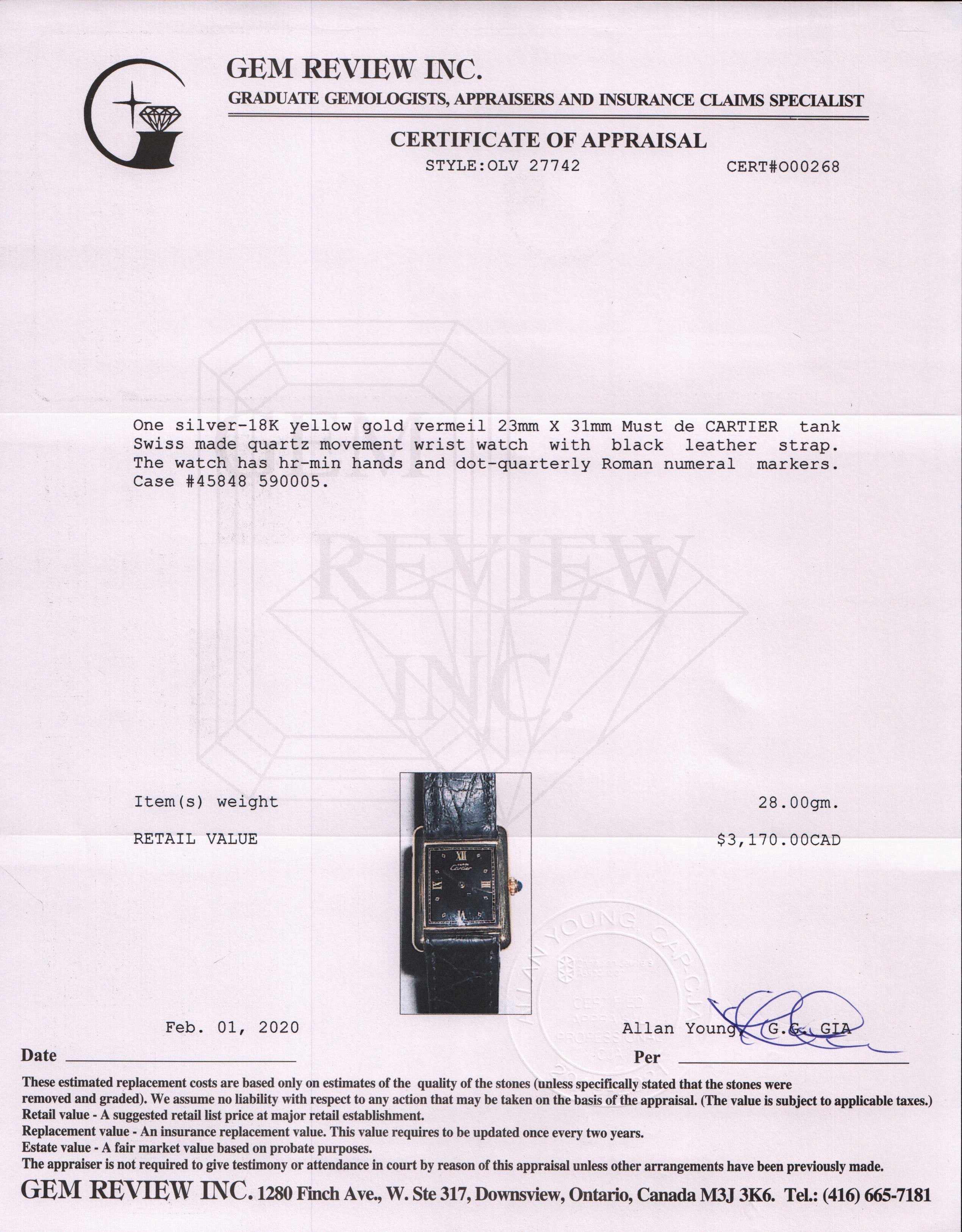 Cartier Must de Cartier Tank Vermeil Watch