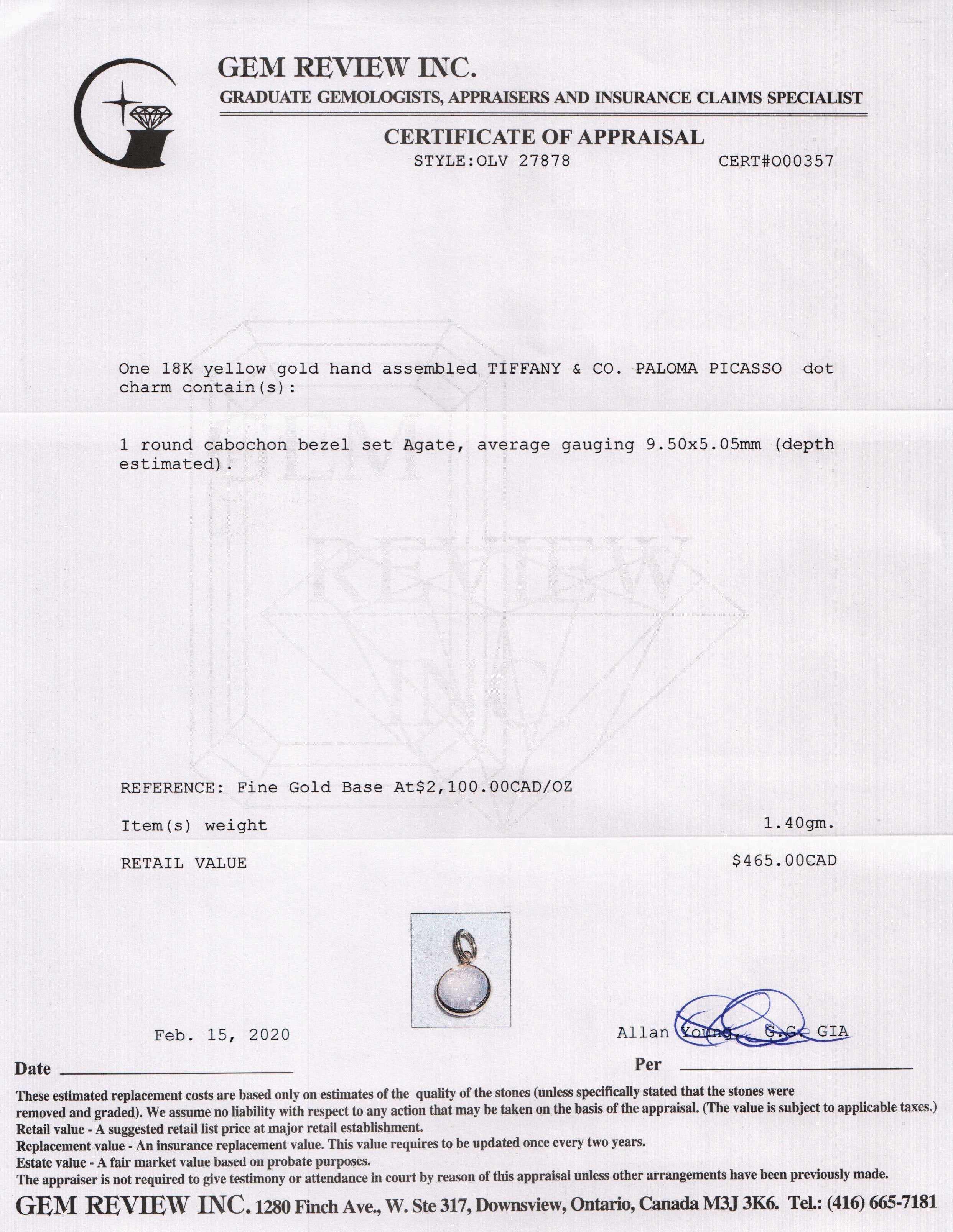 Tiffany & Co. Paloma Picasso 18k Chalcedony Dot Charm