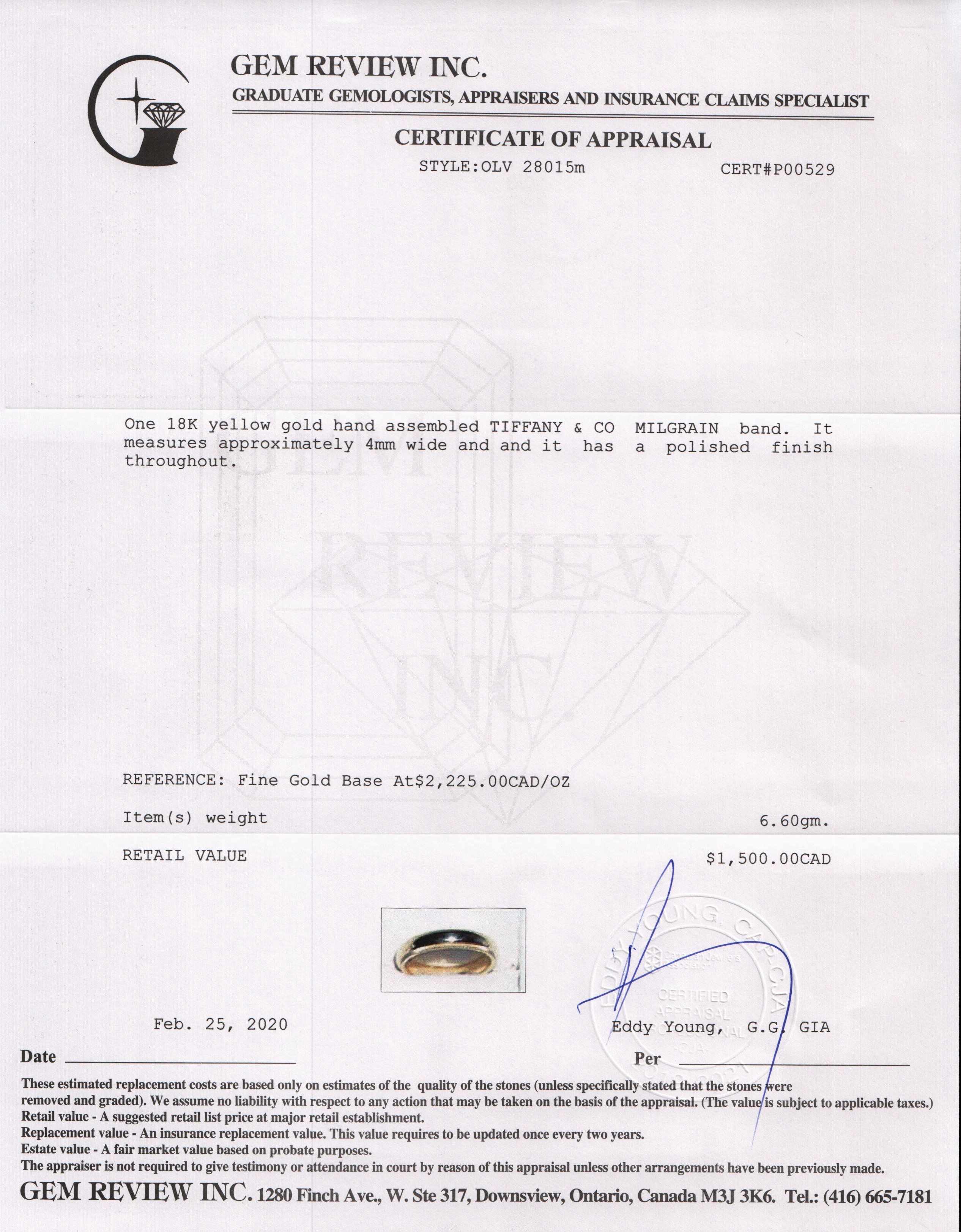 Tiffany & Co. 18k Gold Classic Milgrain Wedding Band Ring