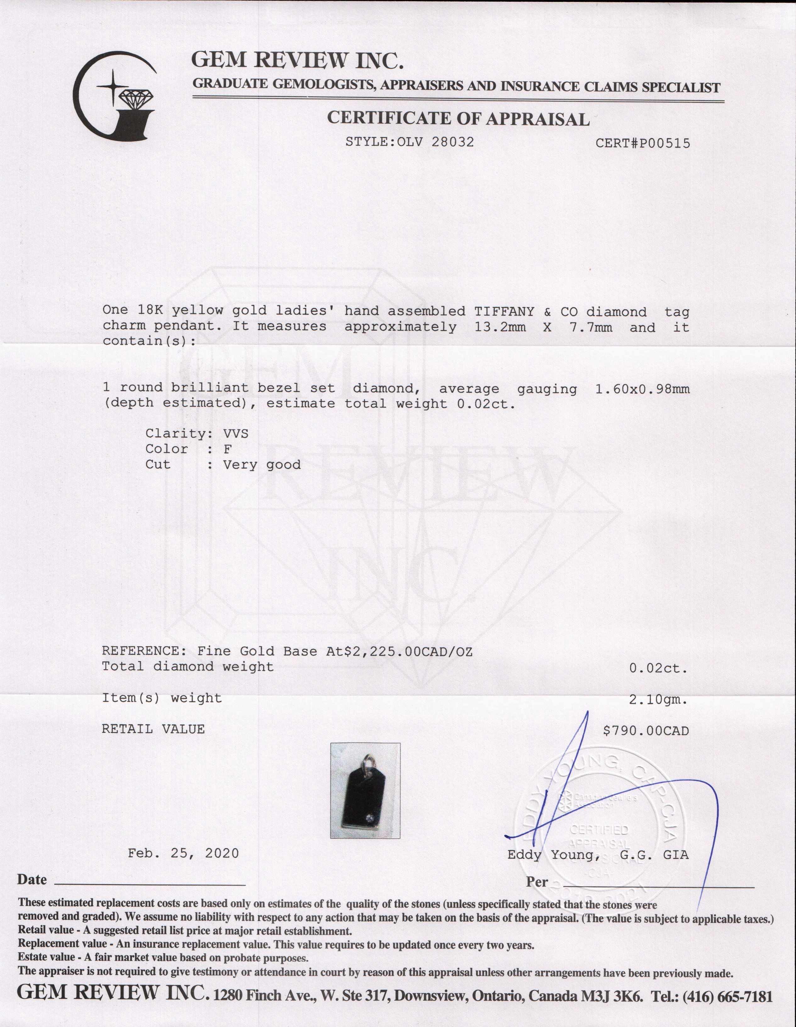 Tiffany & Co. 18k Gold Mini Tag Charm with Diamond