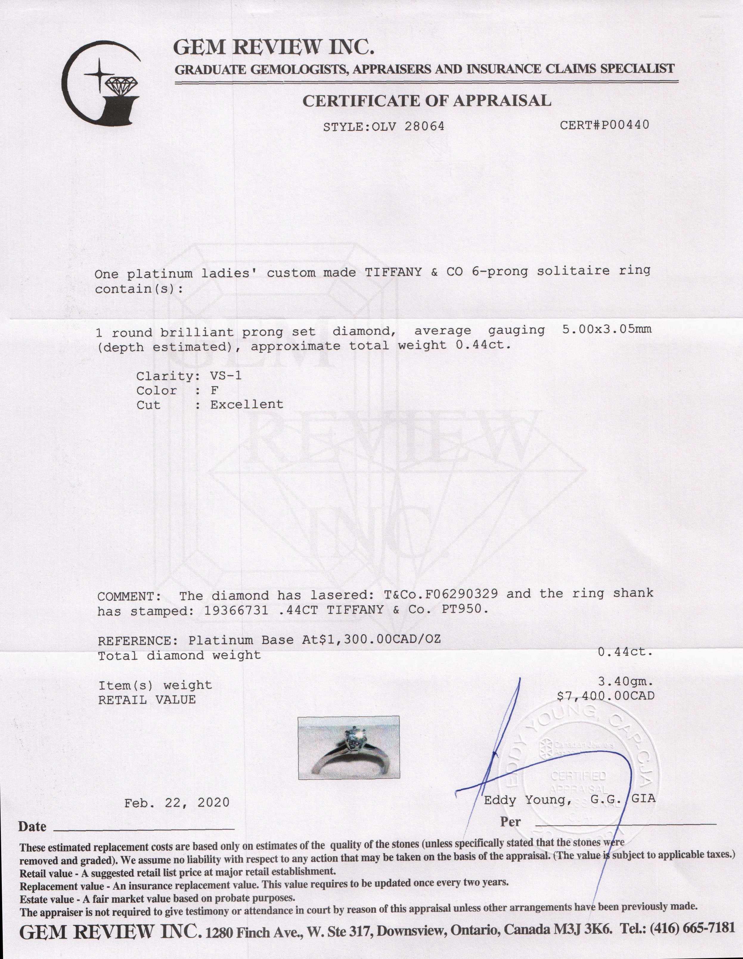 Tiffany & Co. Solitaire 0.44 ct. Round Diamond Engagement Ring