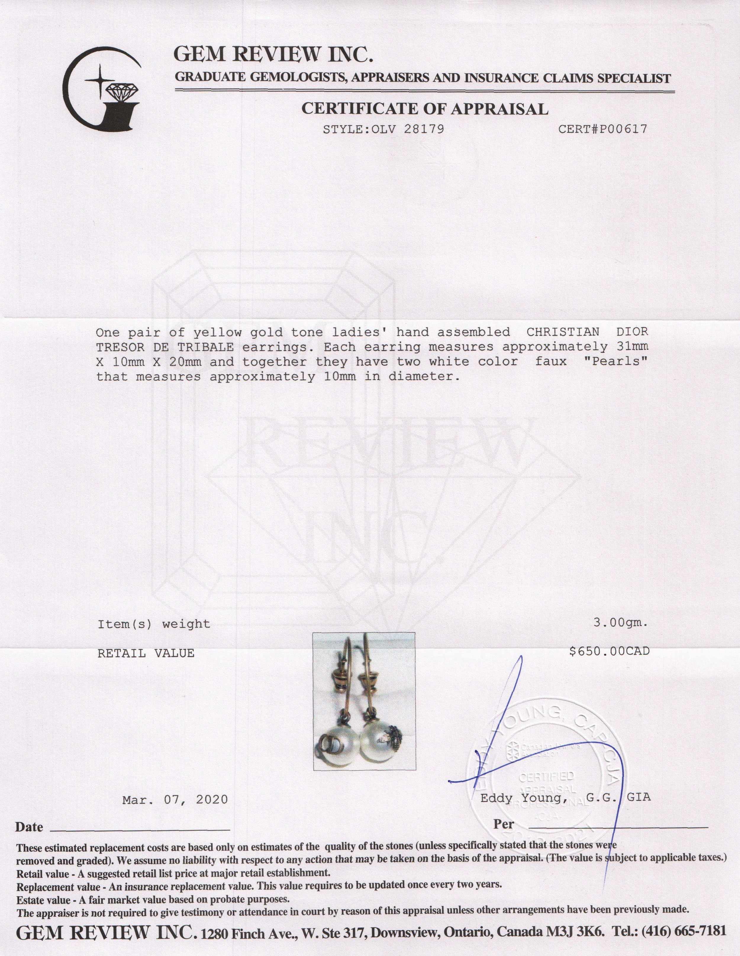 Christian Dior Faux Pearl Tresore De Tribale Earrings w/ Box