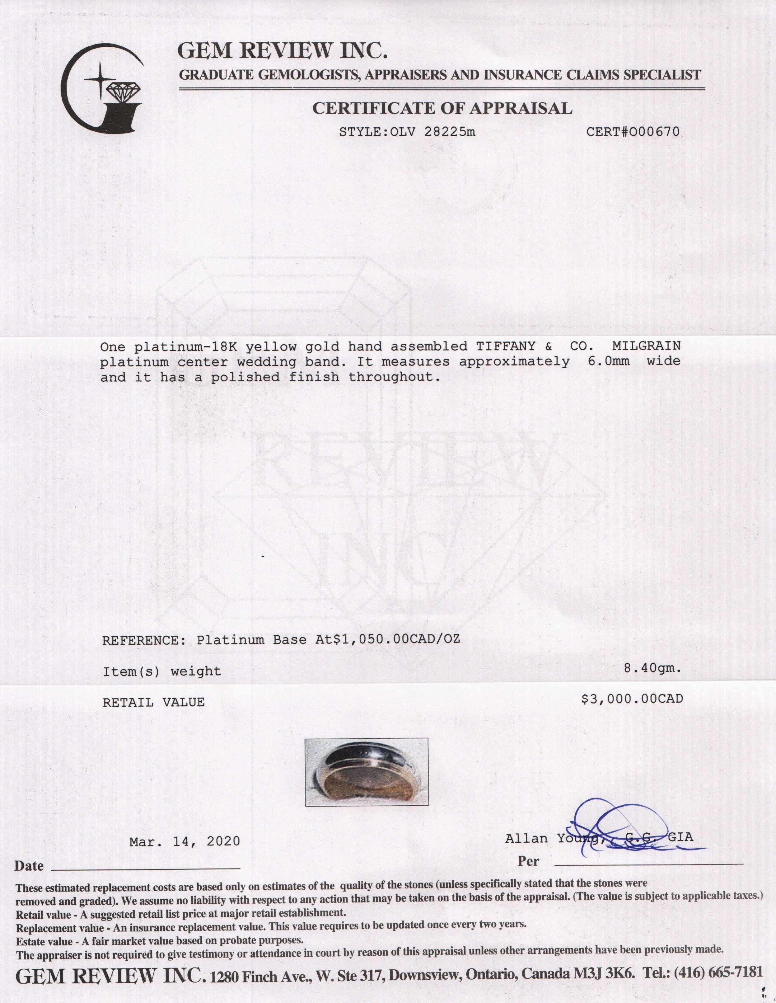 Tiffany & Co. Two-Tone Classic Milgrain Wedding Band Ring