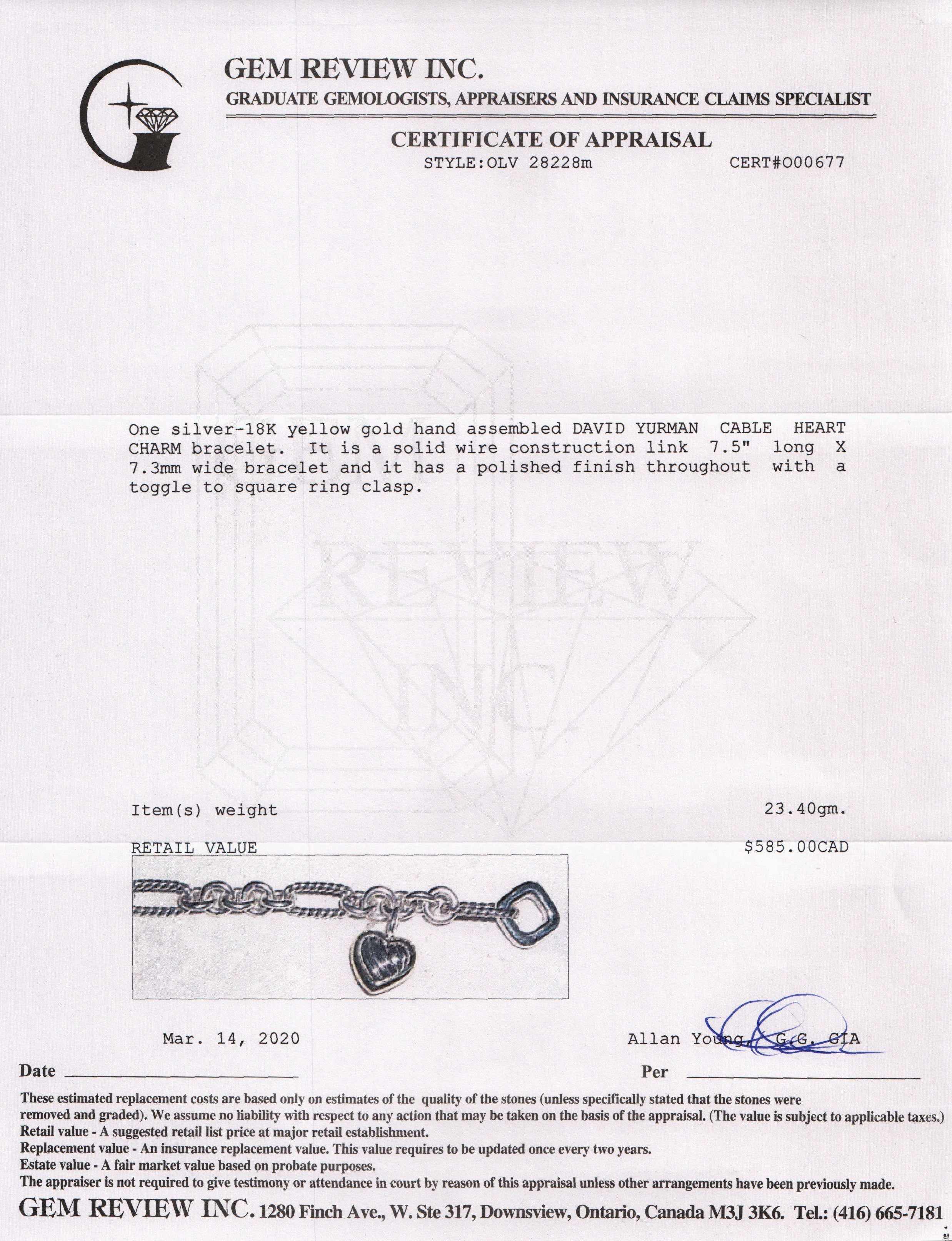 David Yurman Two-Tone Cable Heart Charm Bracelet