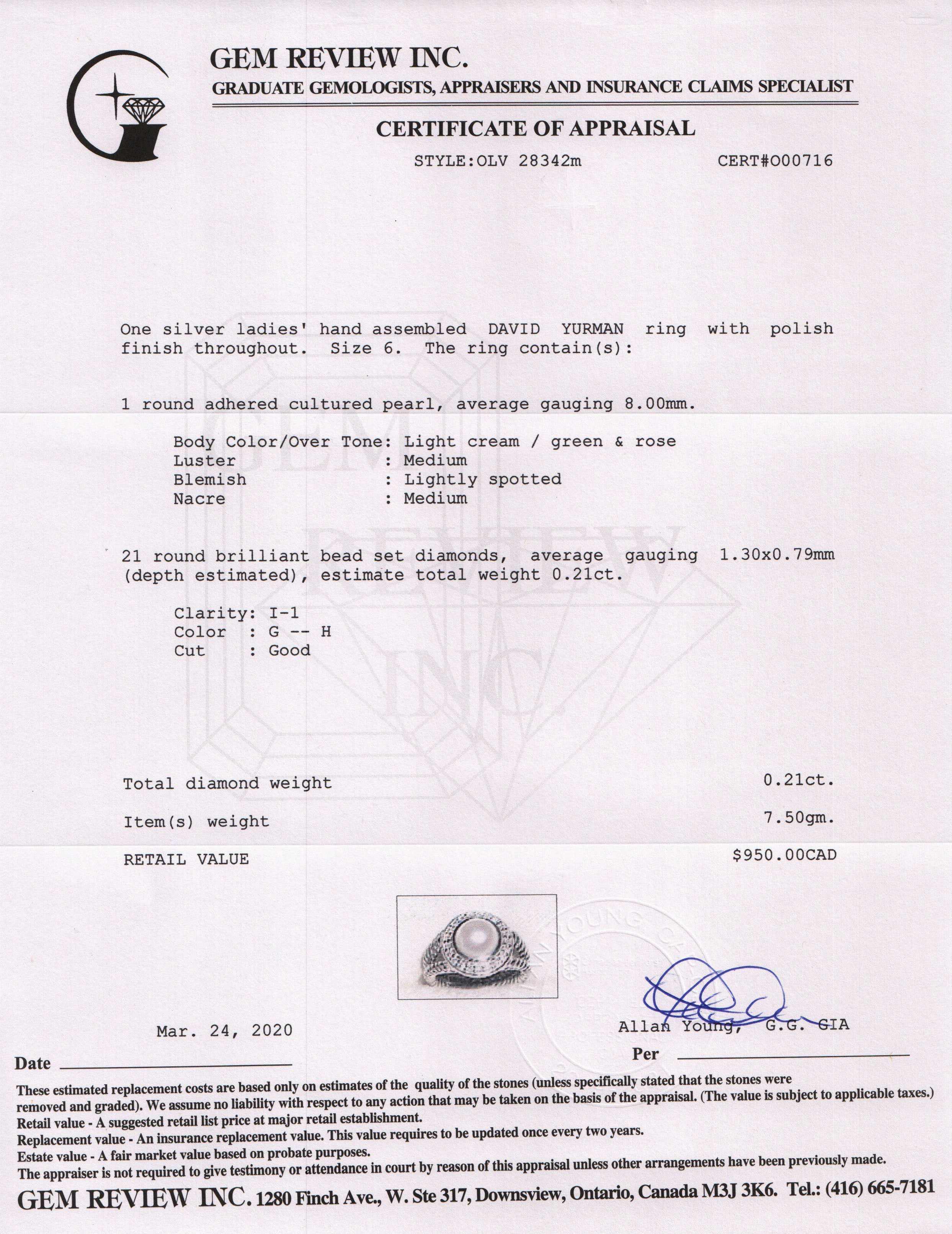 David Yurman Pearl Ring with Diamonds