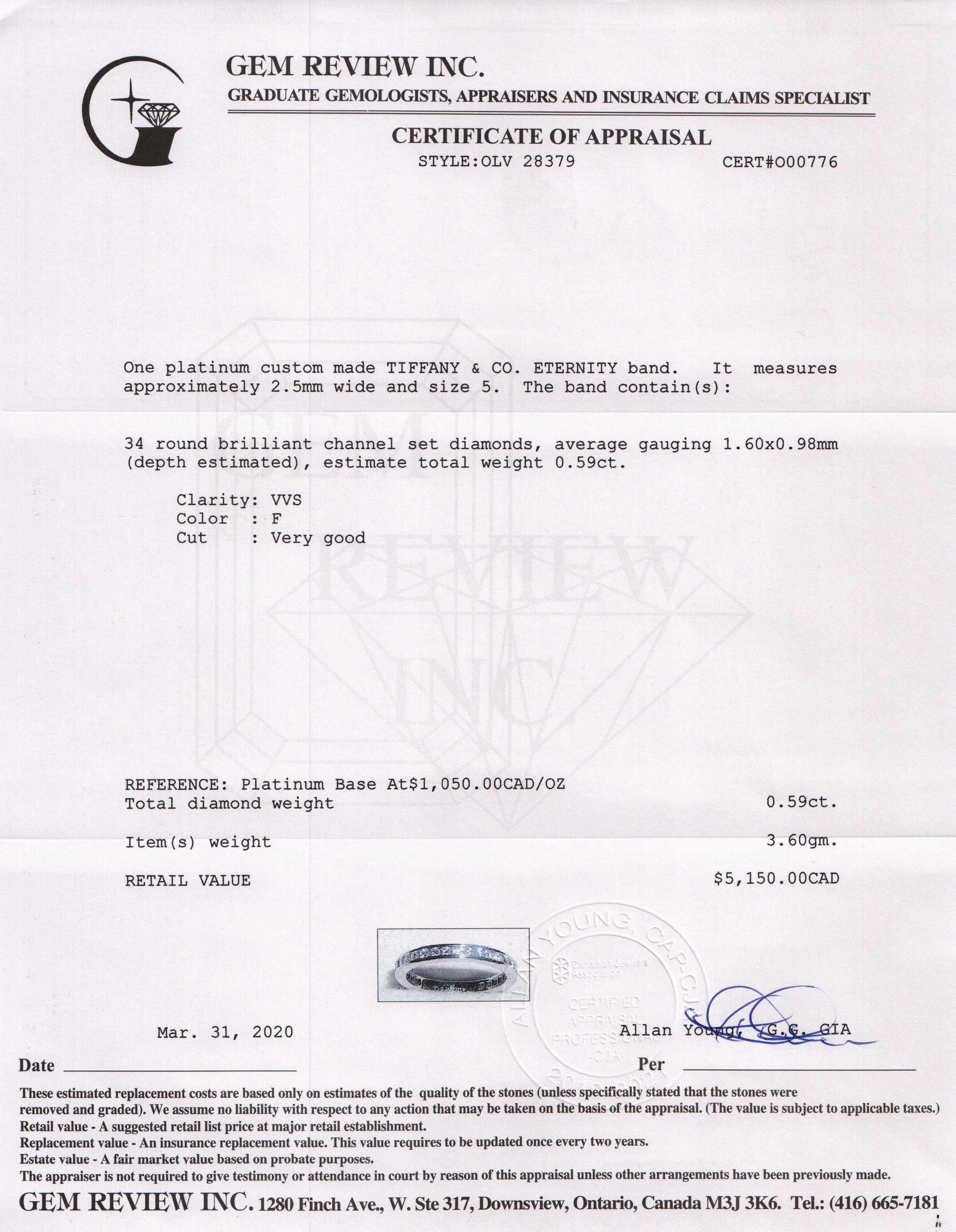 Tiffany & Co. Channel-Set Diamond Eternity Wedding Band Ring w/ Receipt