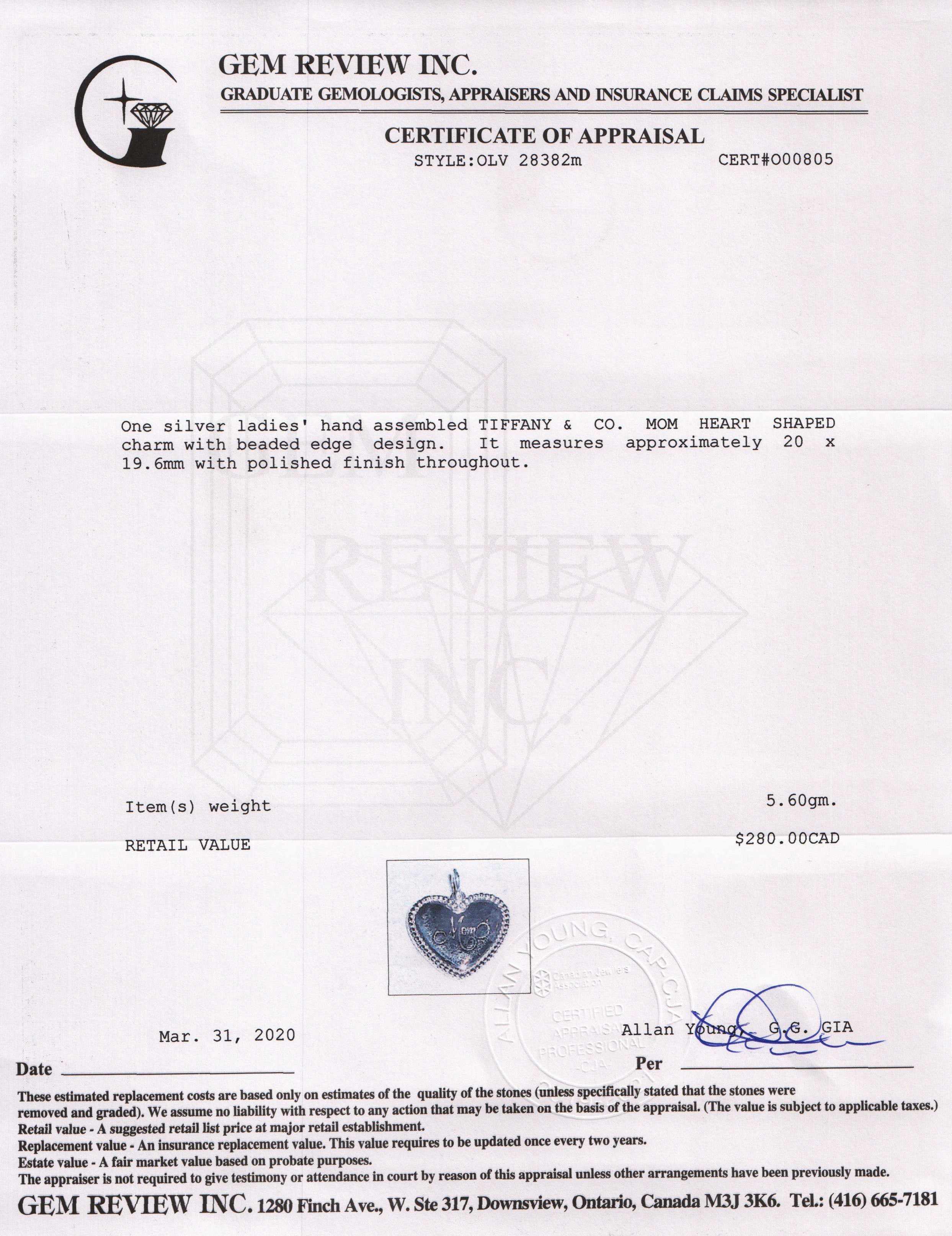 Tiffany & Co. 'Mom' Beaded Edge Heart Charm