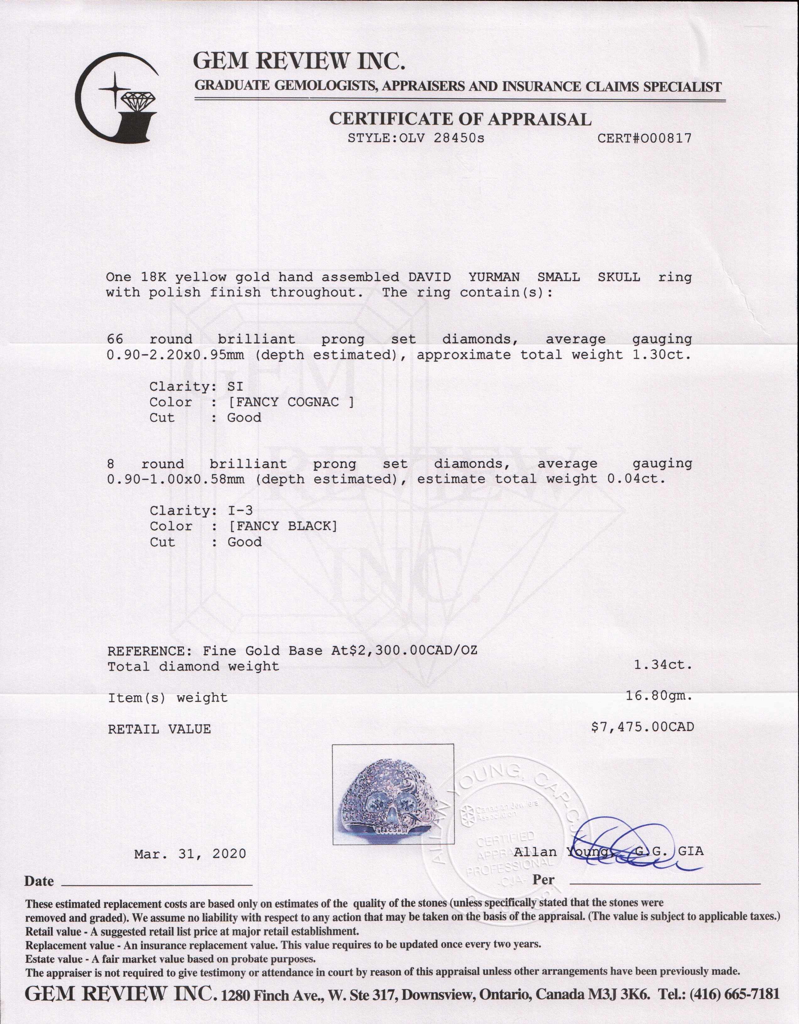 David Yurman 18k Gold Waves Skull Ring w/ Pave Cognac and Black Diamonds