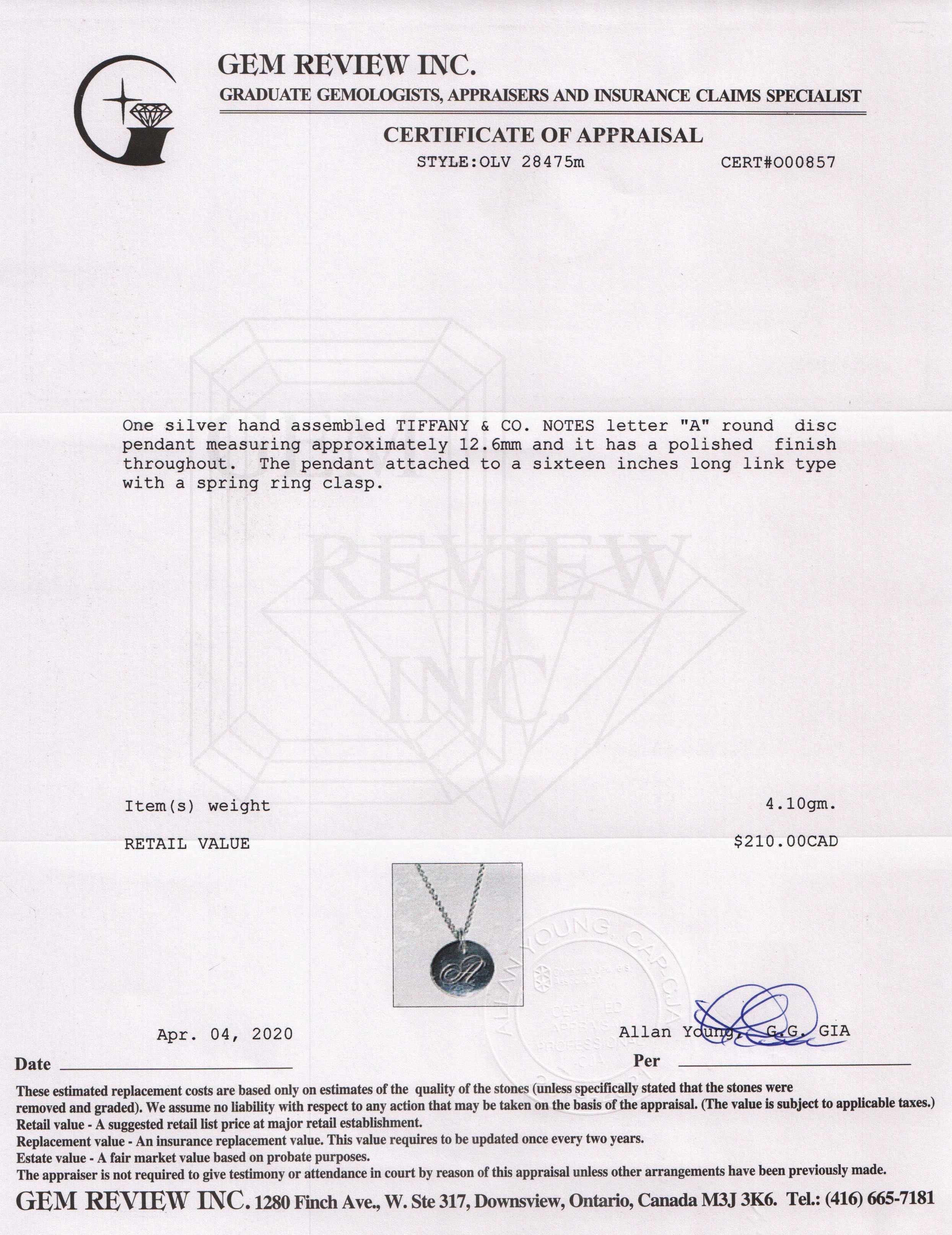 Tiffany & Co. Notes Letter 'A' Disc Charm Pendant Necklace