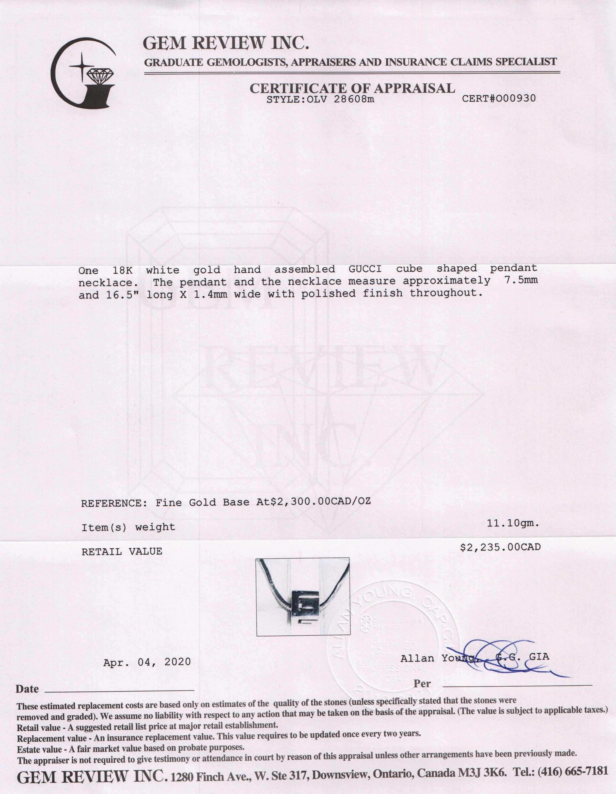 Gucci 18k White Gold Cube Necklace