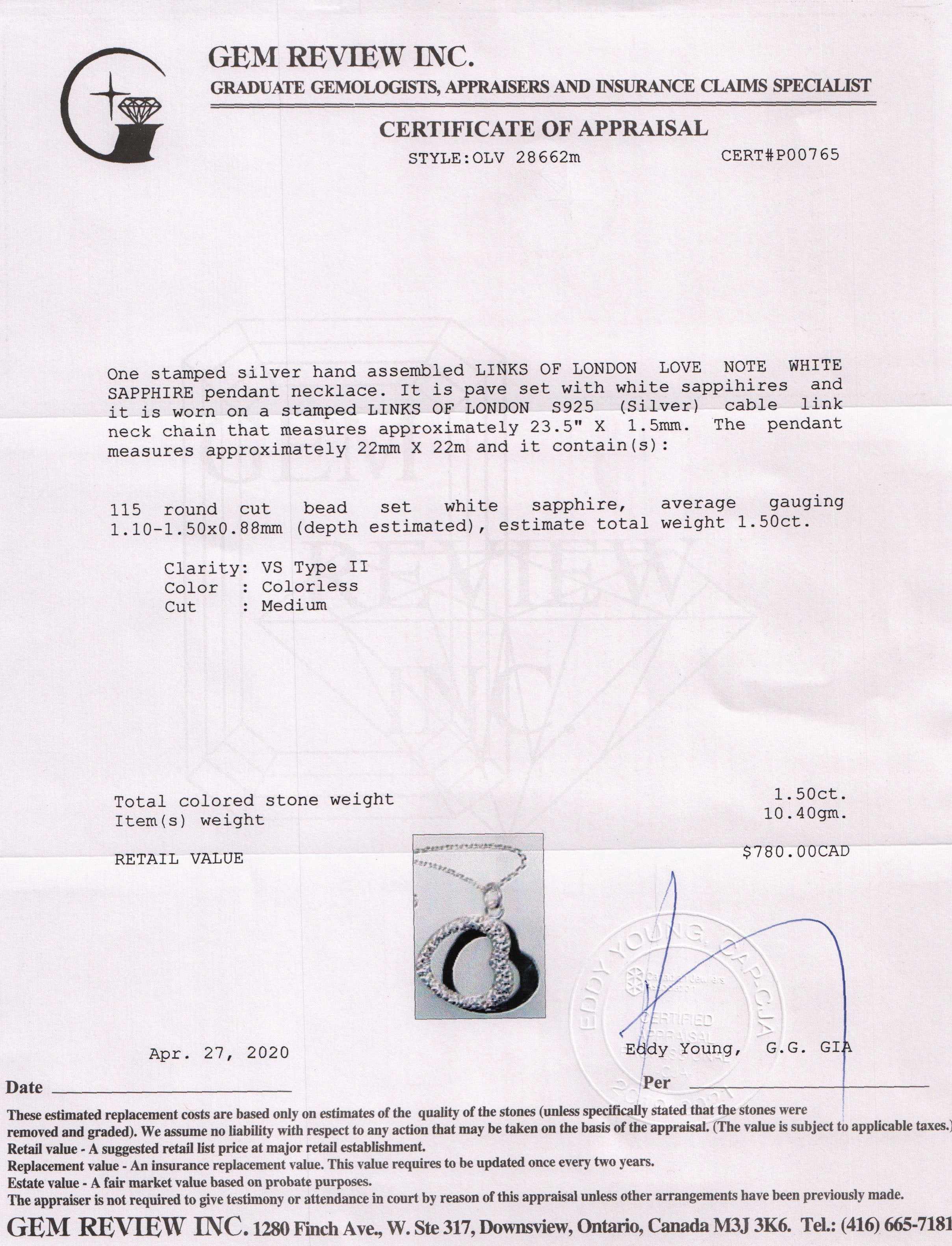 Links of London Love Note White Sapphire Pendant Necklace