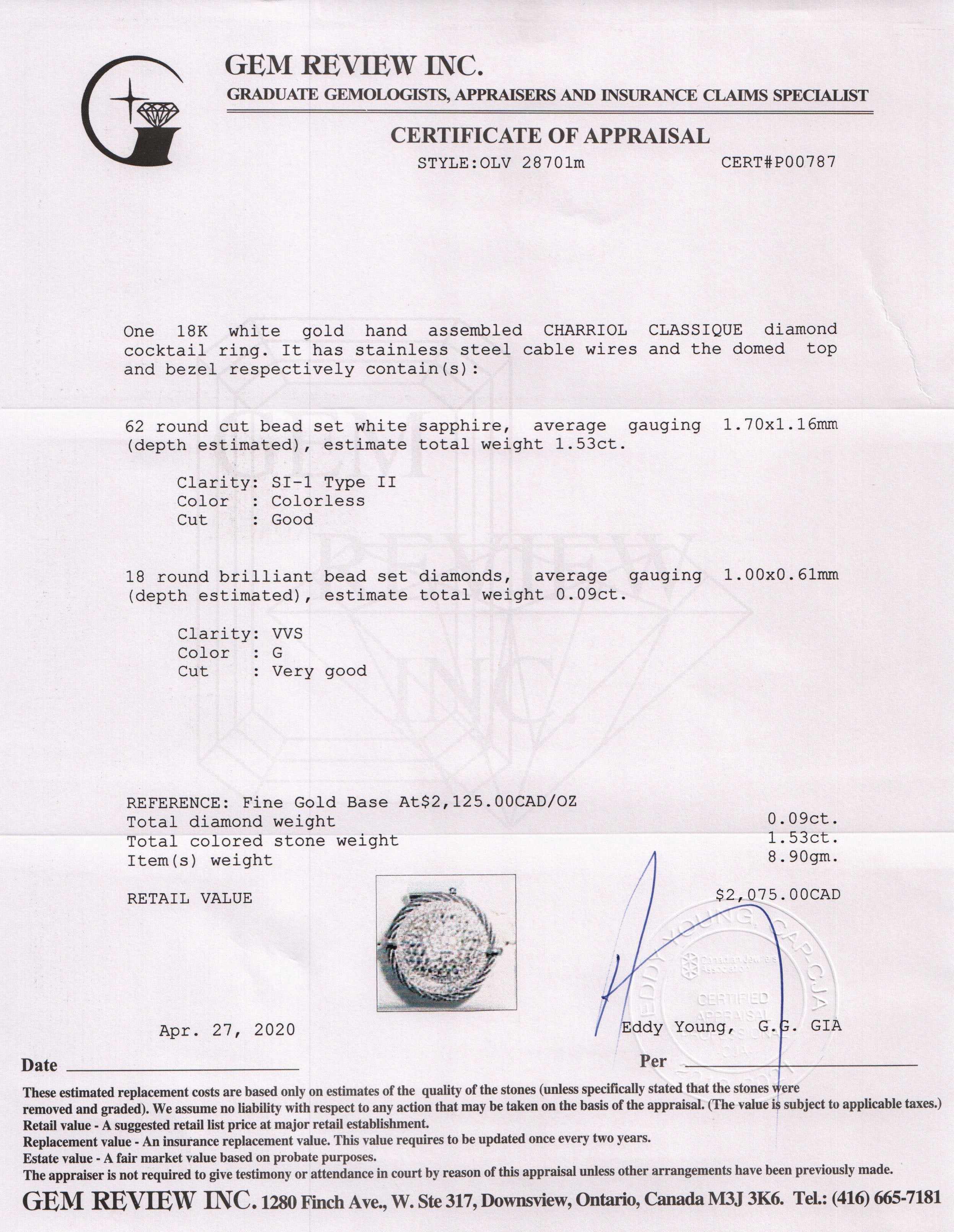 Charriol Sapphire and Diamond Classique Ring