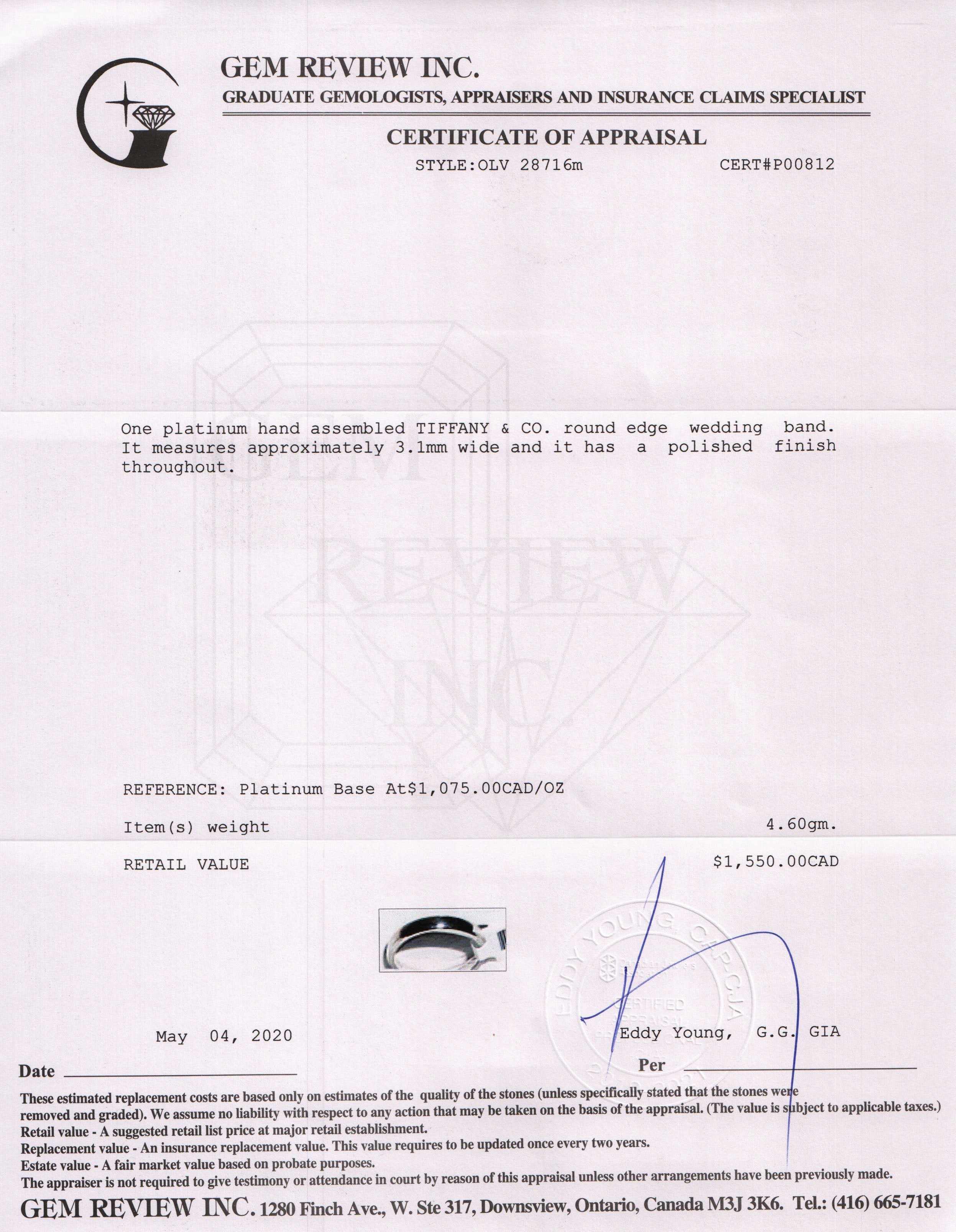 Tiffany & Co. Platinum Classic Wedding Band