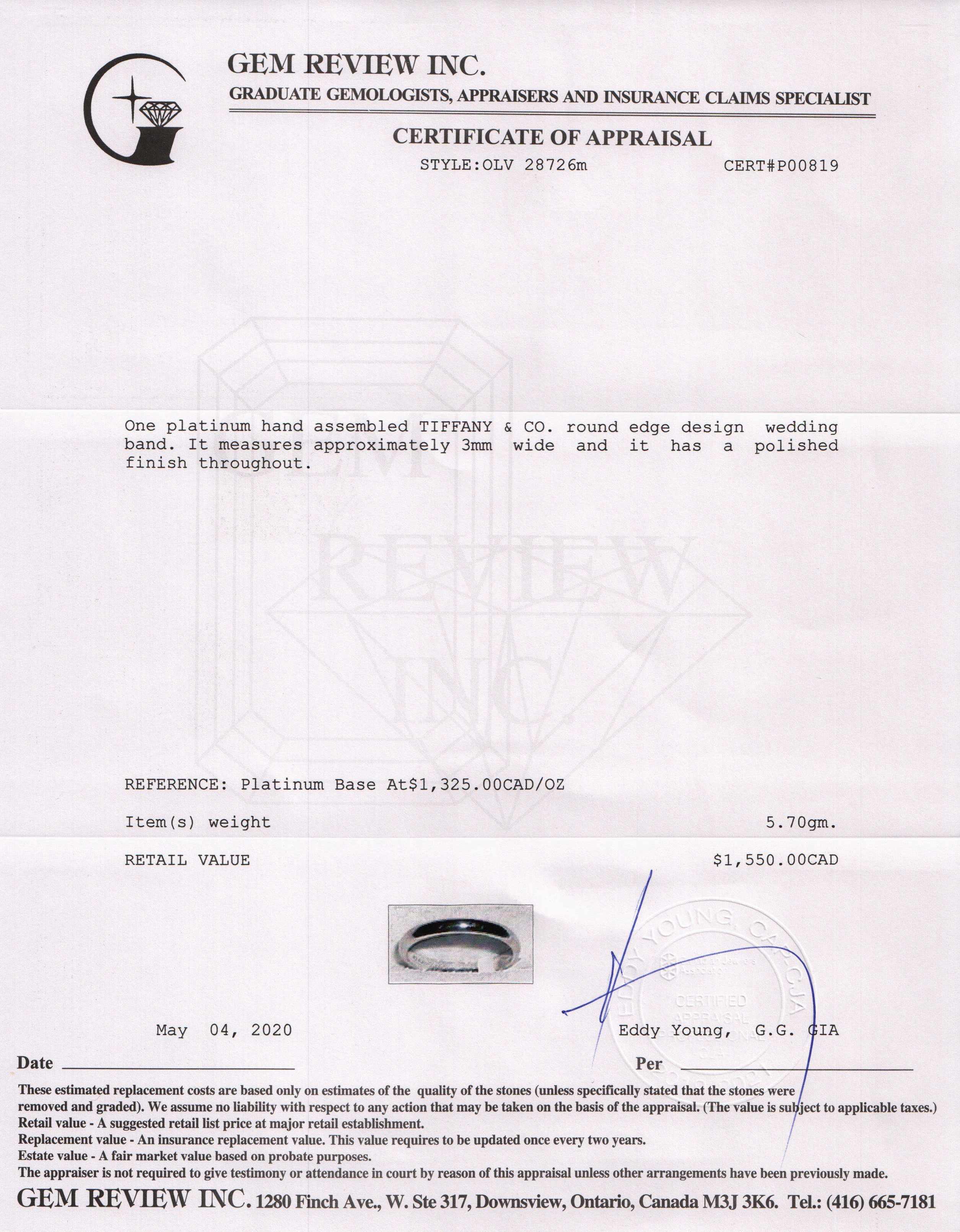 Tiffany & Co. Platinum Classic Wedding Band