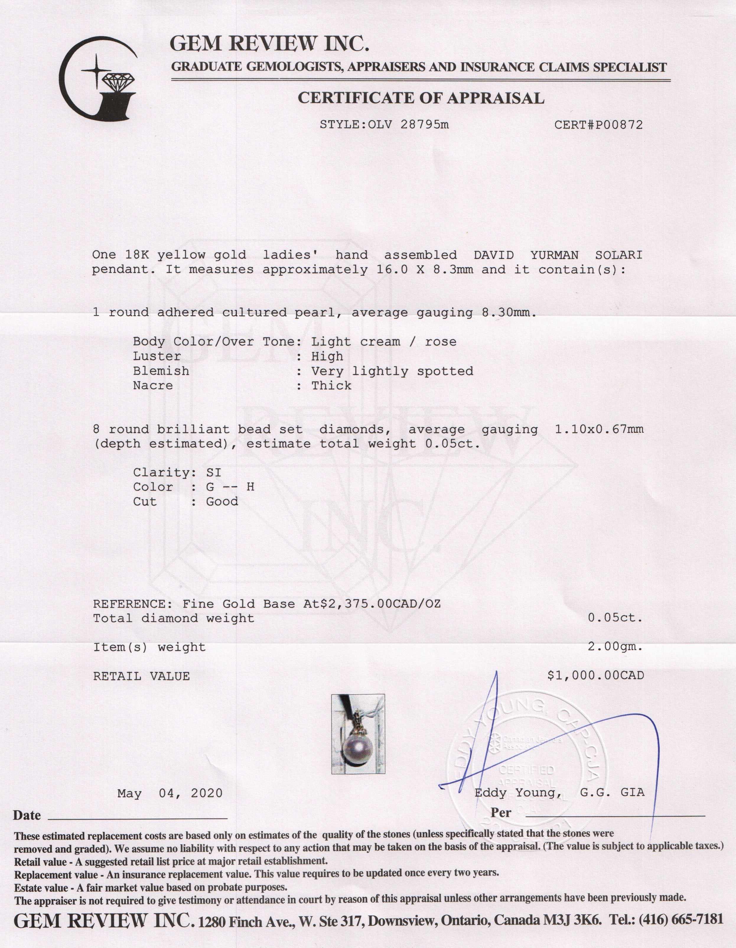 David Yurman 18k Gold Pearl and Diamond Solari Pendant