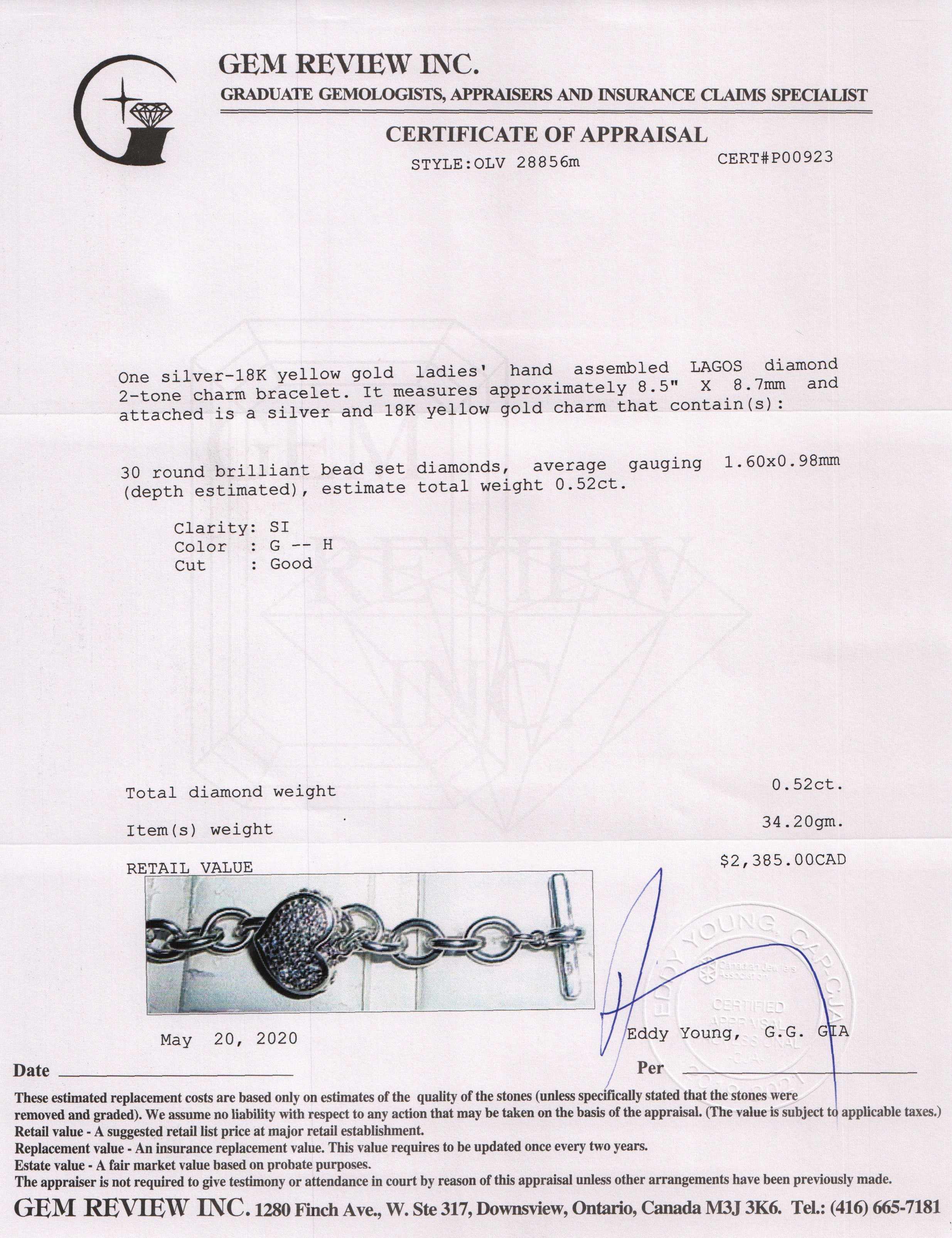 Lagos Two-Tone Diamond Heart Charm Bracelet